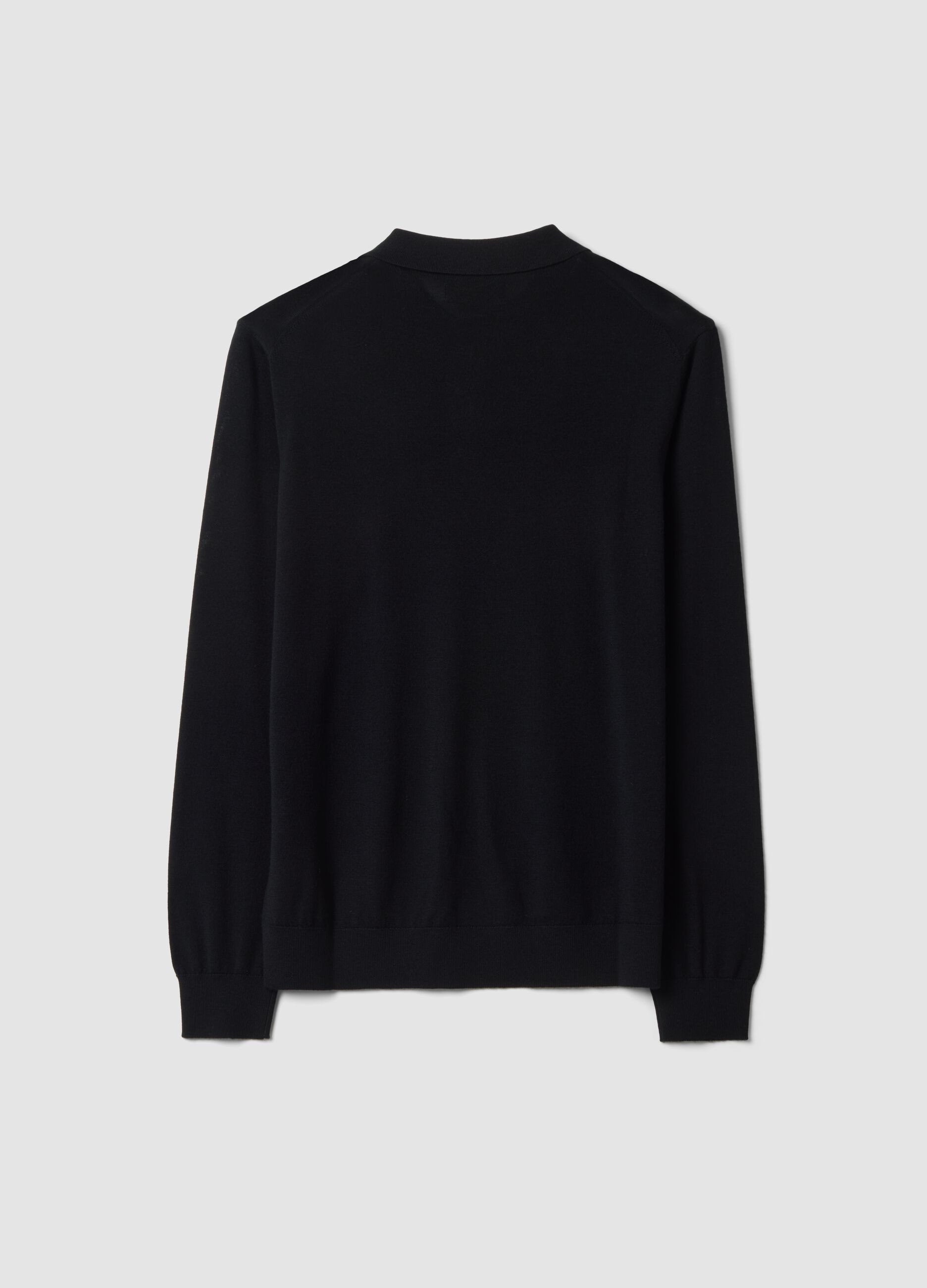 Black pure merino wool polo jumper with polo collar