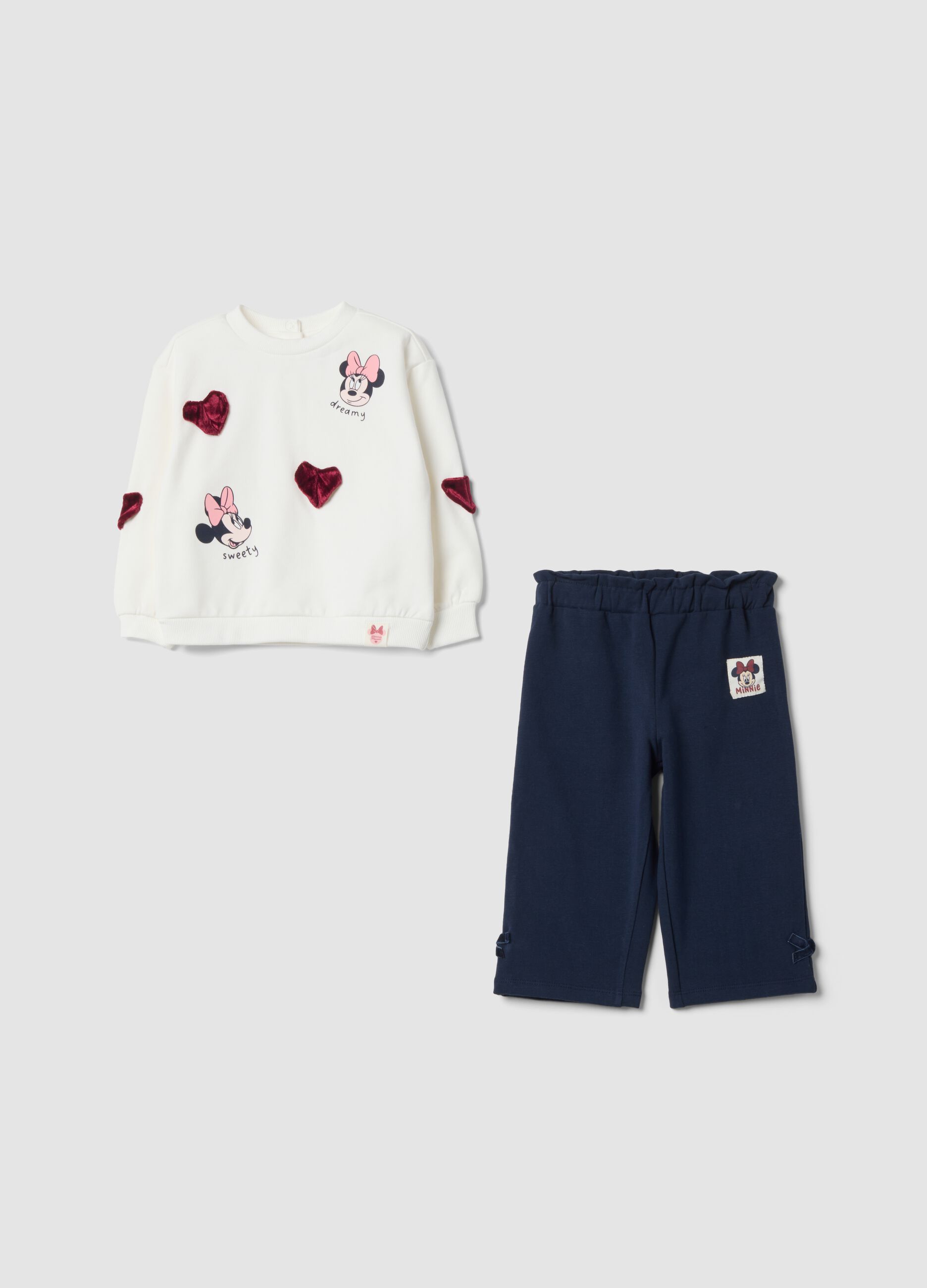 Completo over jogging bianco in cotone organico elasticizzato con stampe Minnie