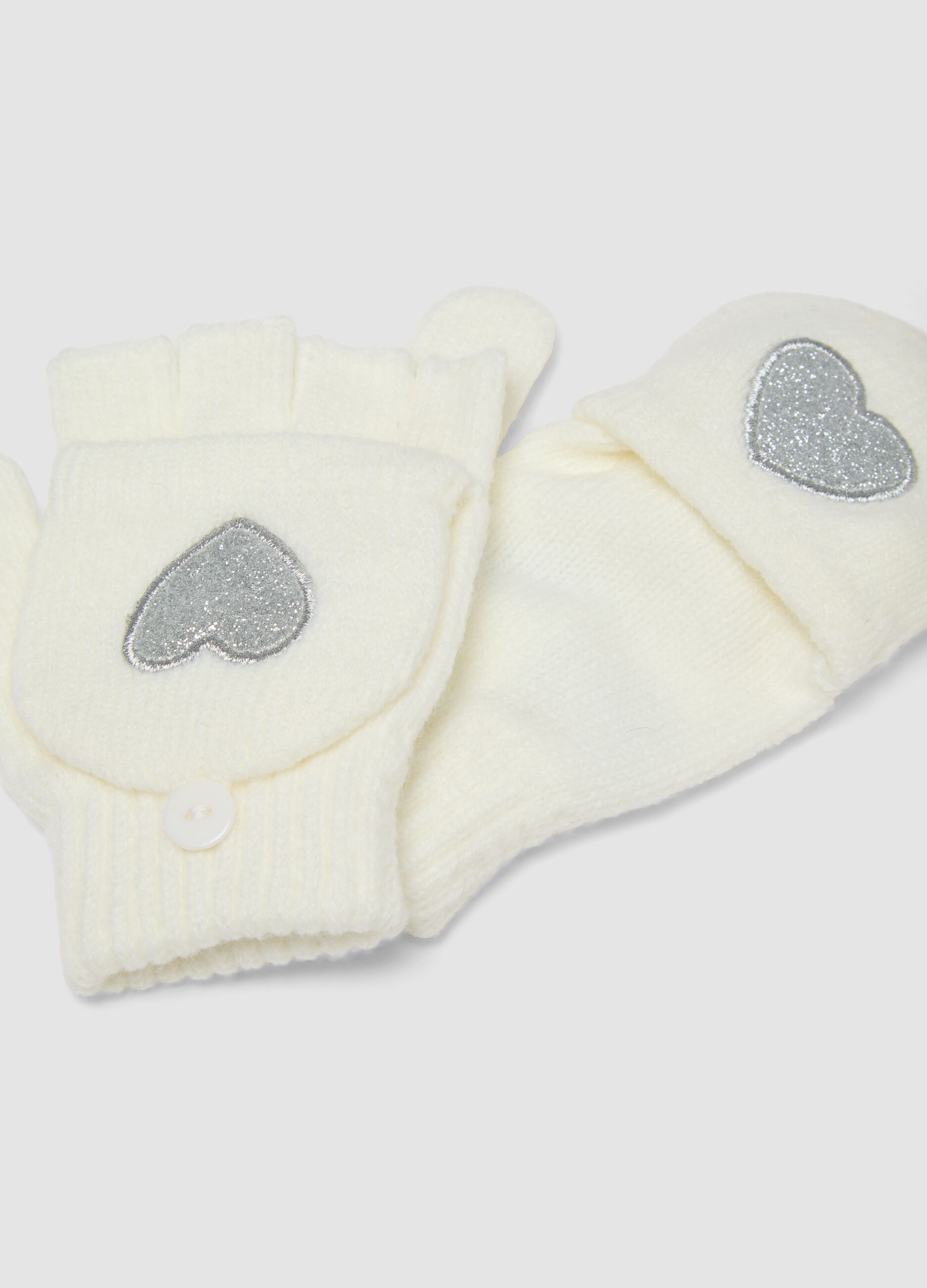 Cream White Stretch Fabric Gloves with Hearts