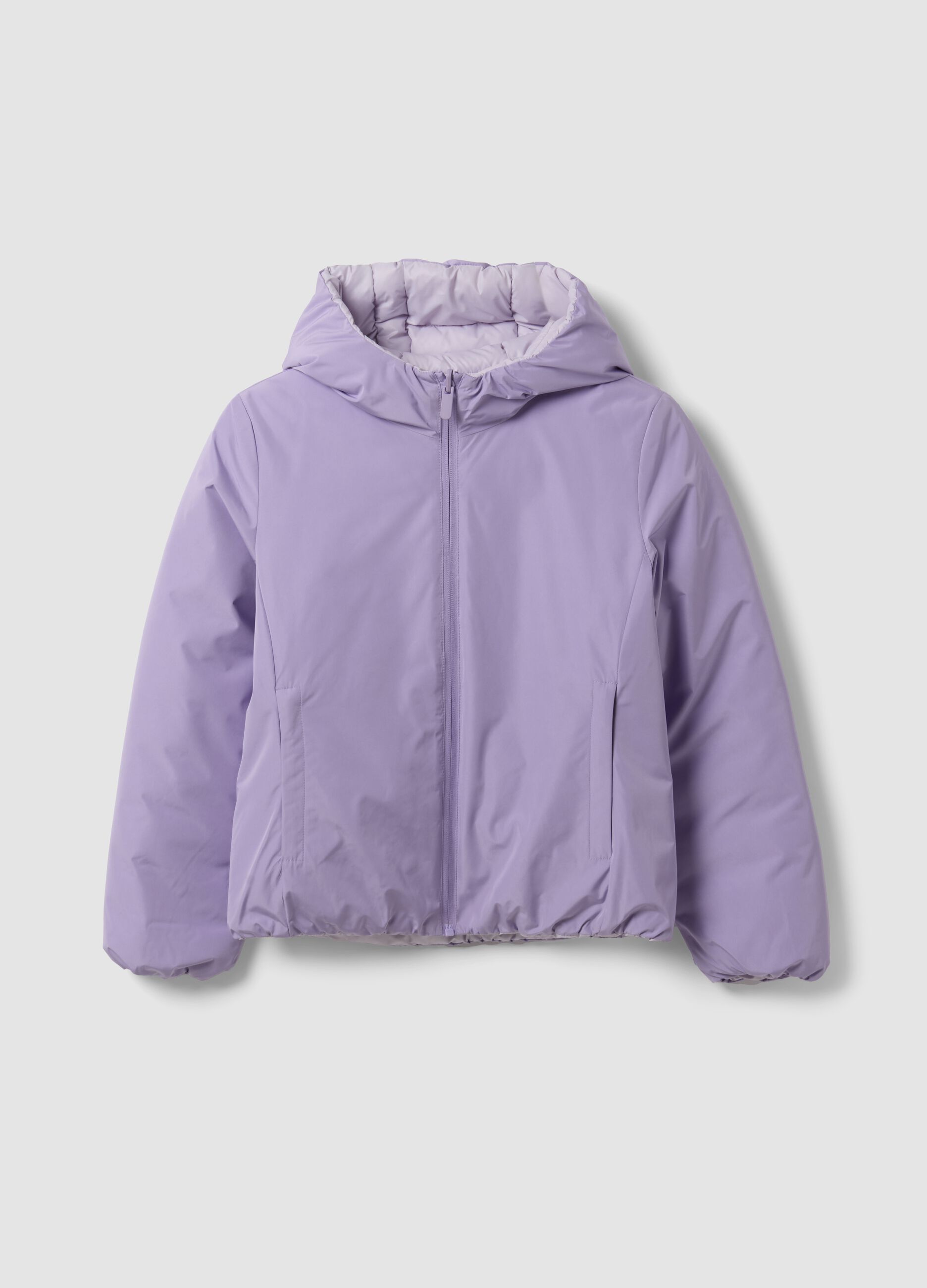Purple reversible ultralight hooded jacket with zip for girls