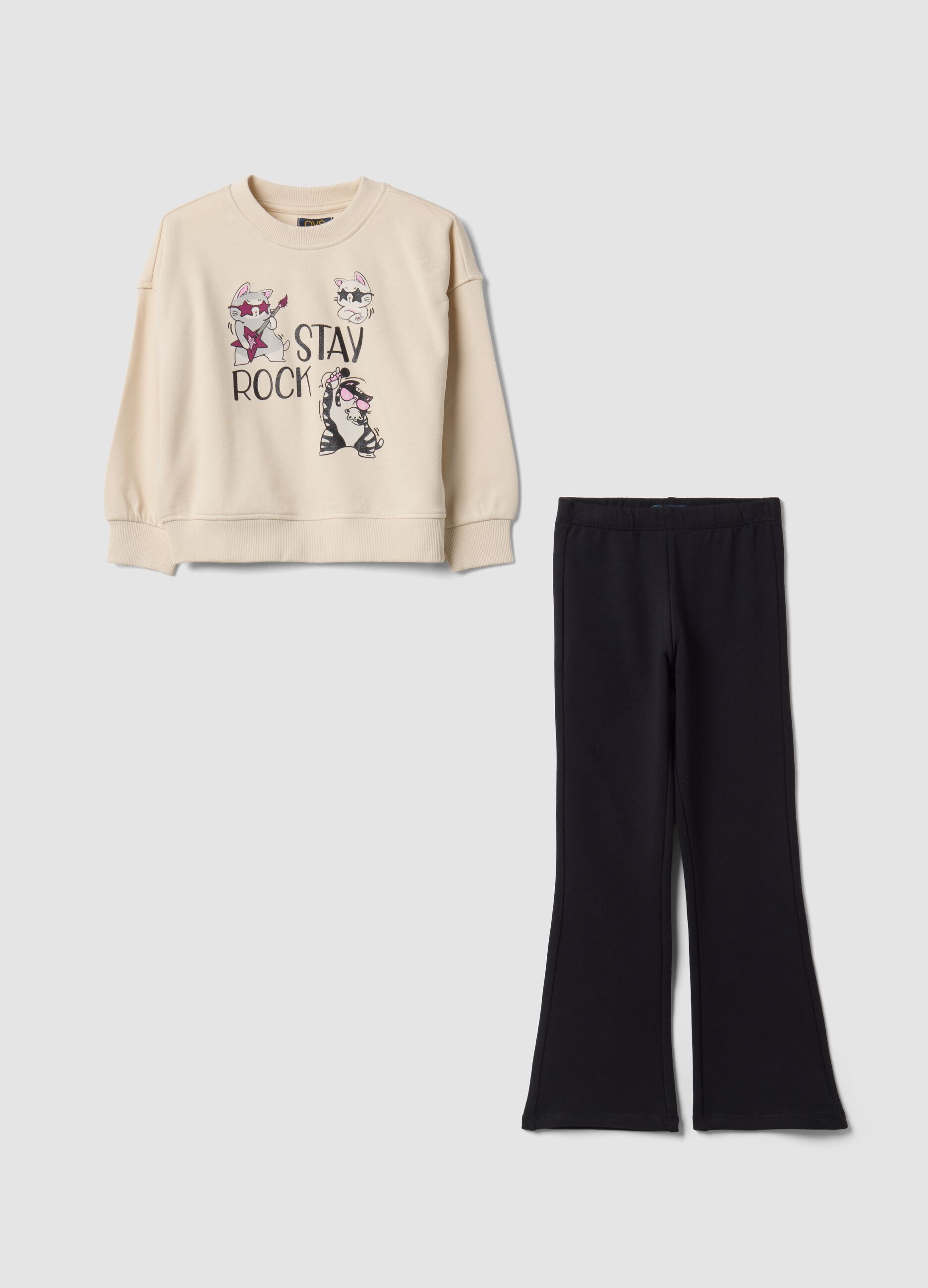 Beige and black pure cotton tracksuit with crewneck sweatshirt for girls