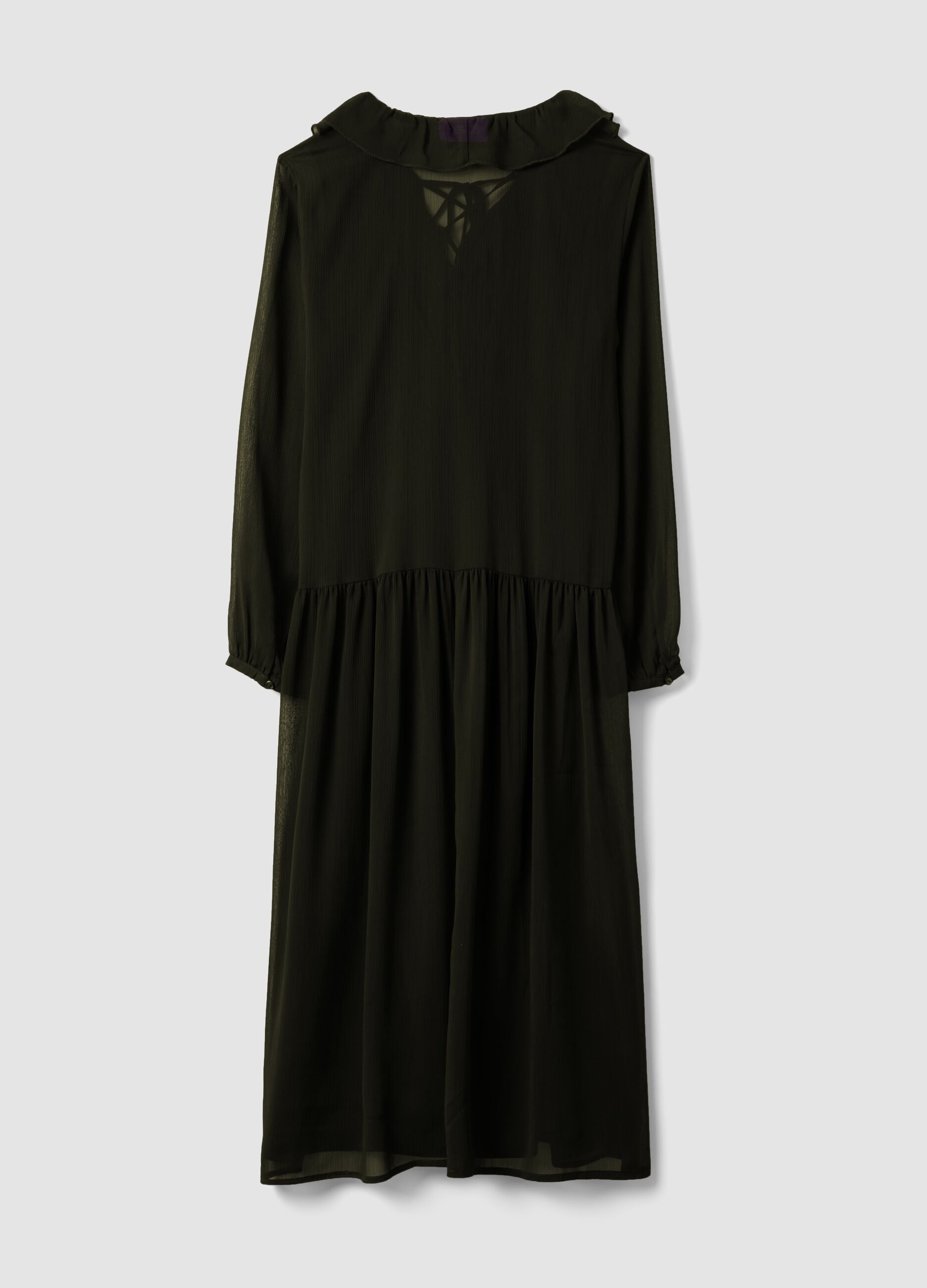 Black dress with deep V-neck and ruffles