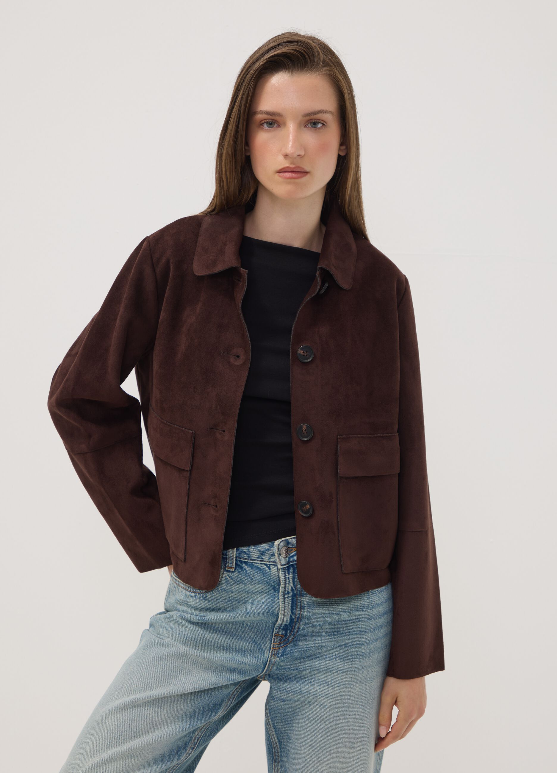 Brown regular-fit shacket with patch pockets