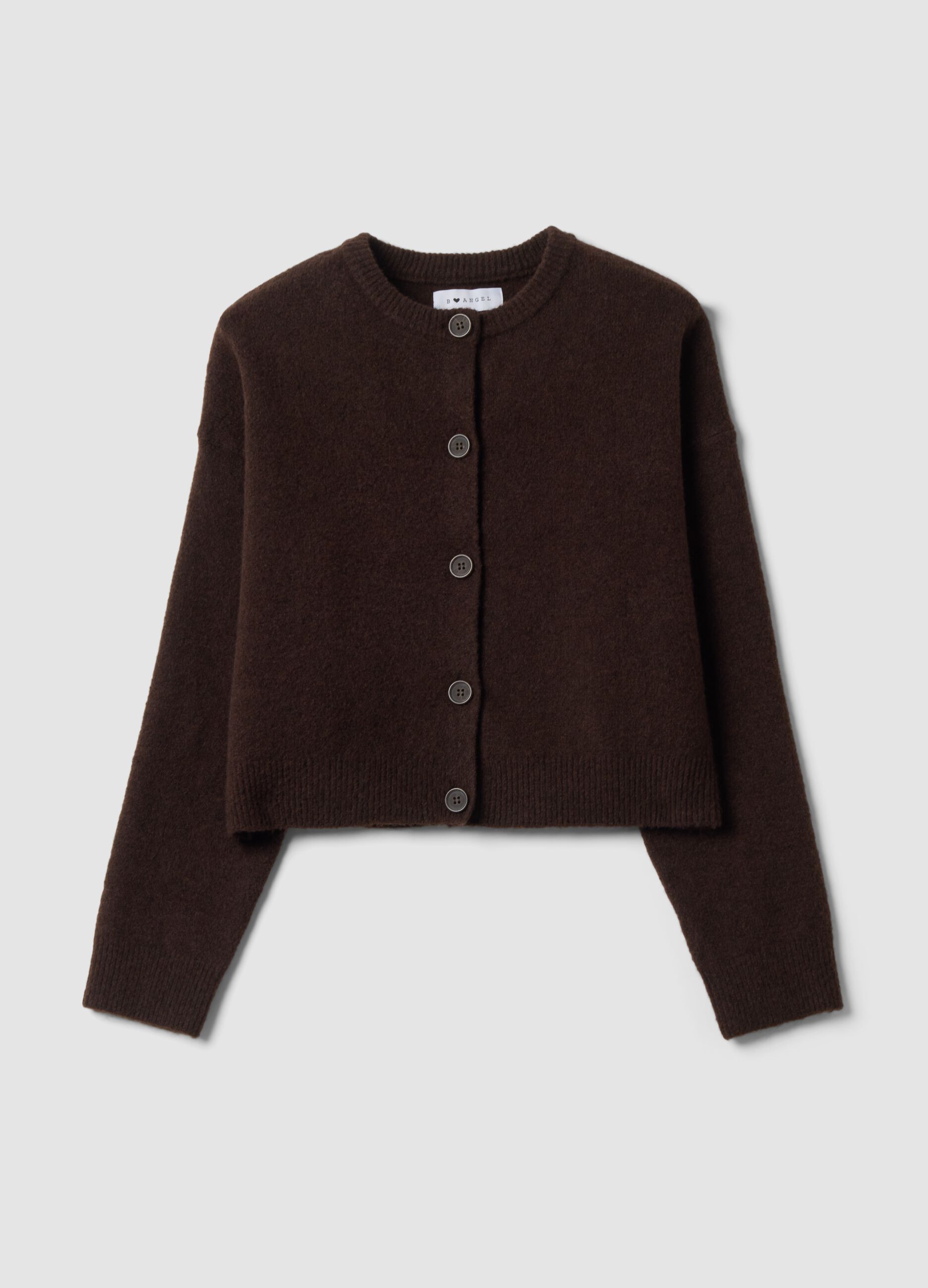 Cardigan marrone in tessuto elasticizzato con girocollo over fit