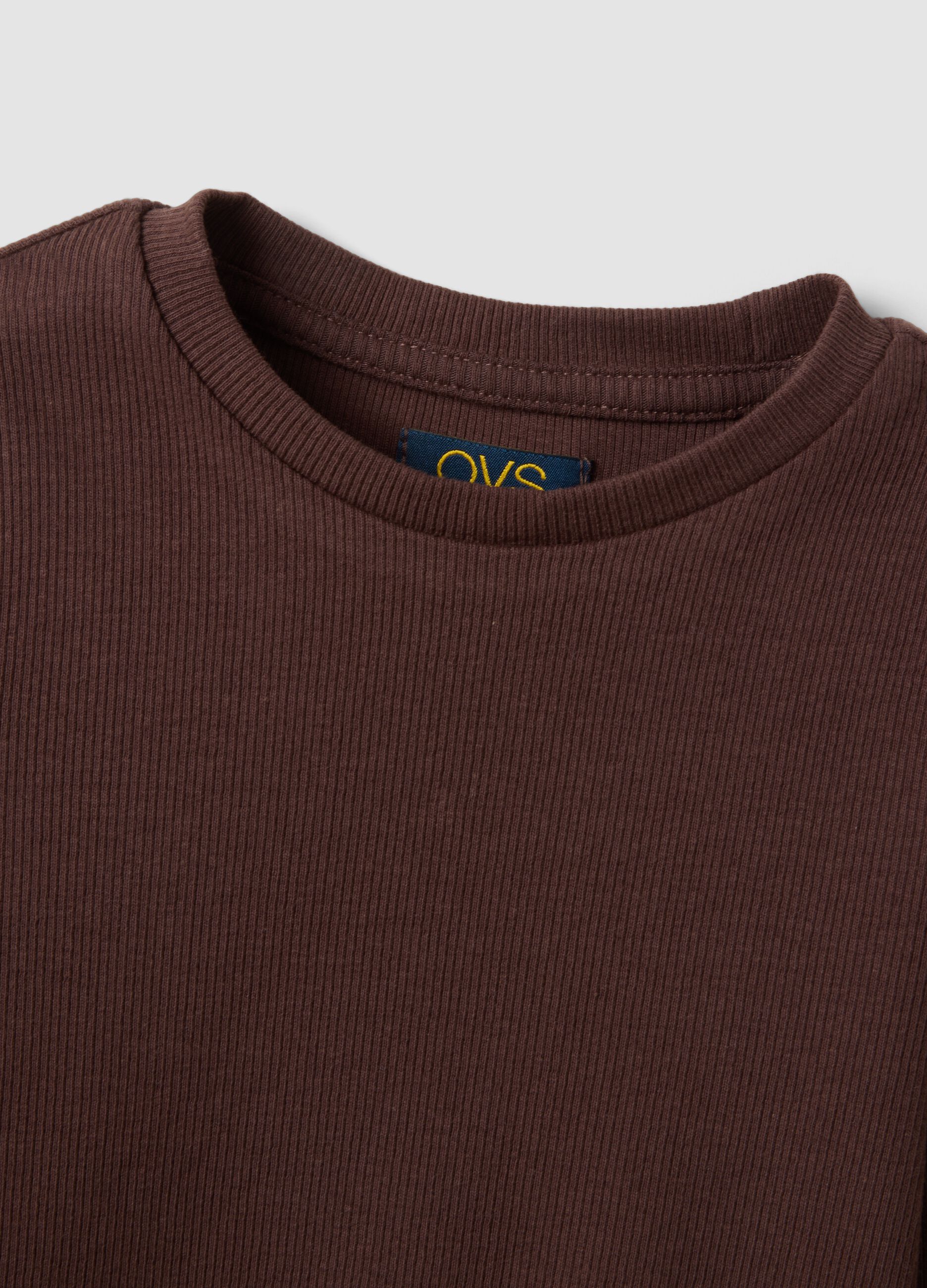 Brown ribbed organic stretch cotton T-shirt