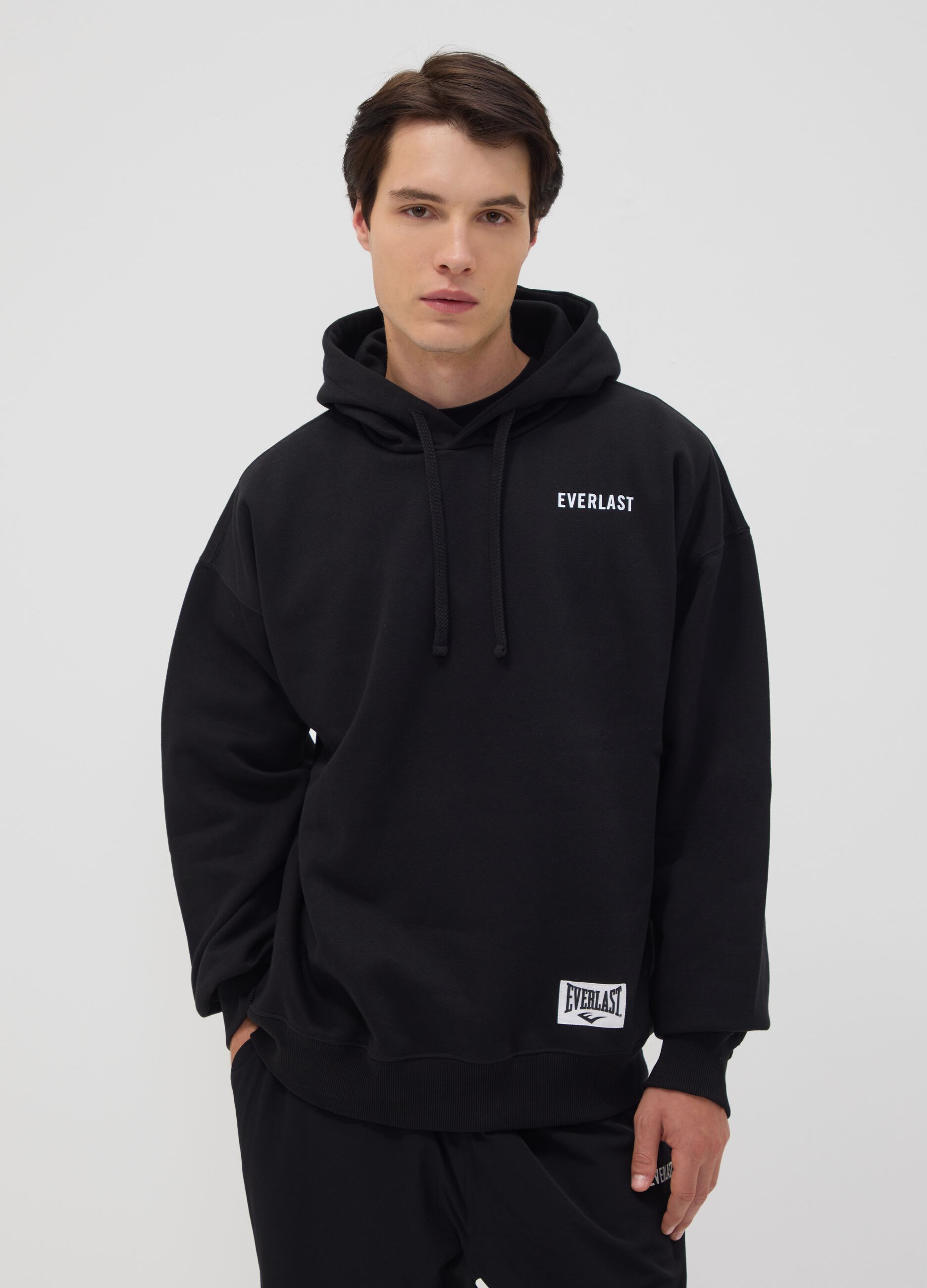 Black cotton-blend hoodie with logo