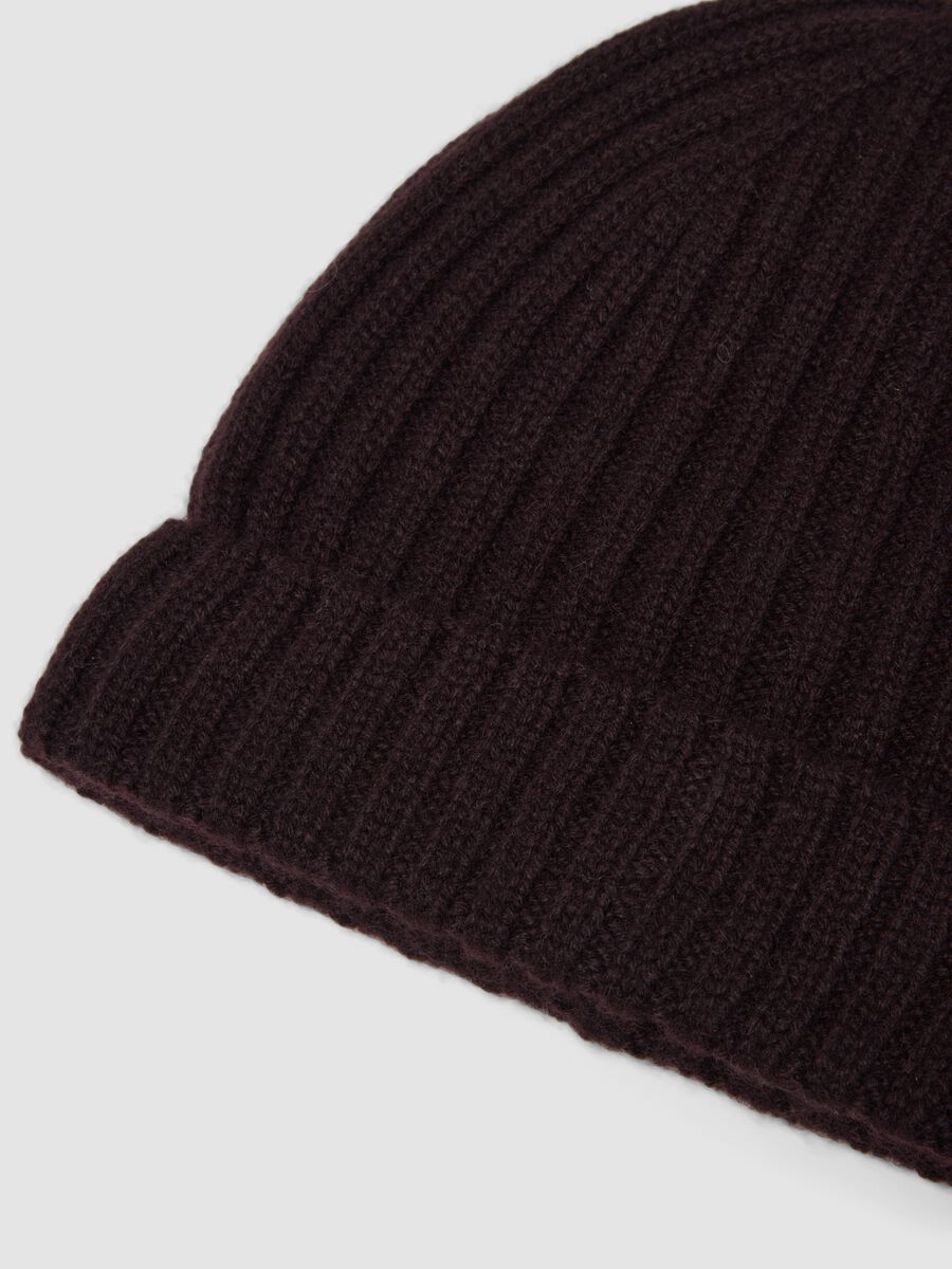 Brown ribbed pure cashmere beanie_1