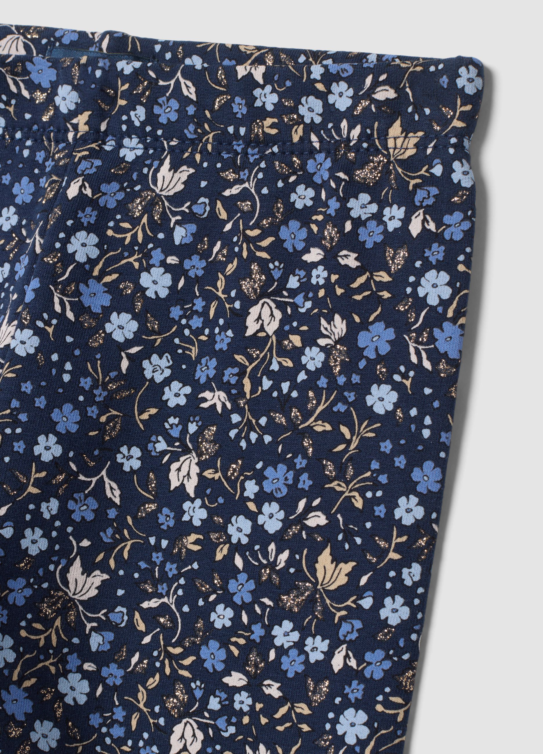 Leggings blu skinny in cotone organico elasticizzato con fantasia floreale