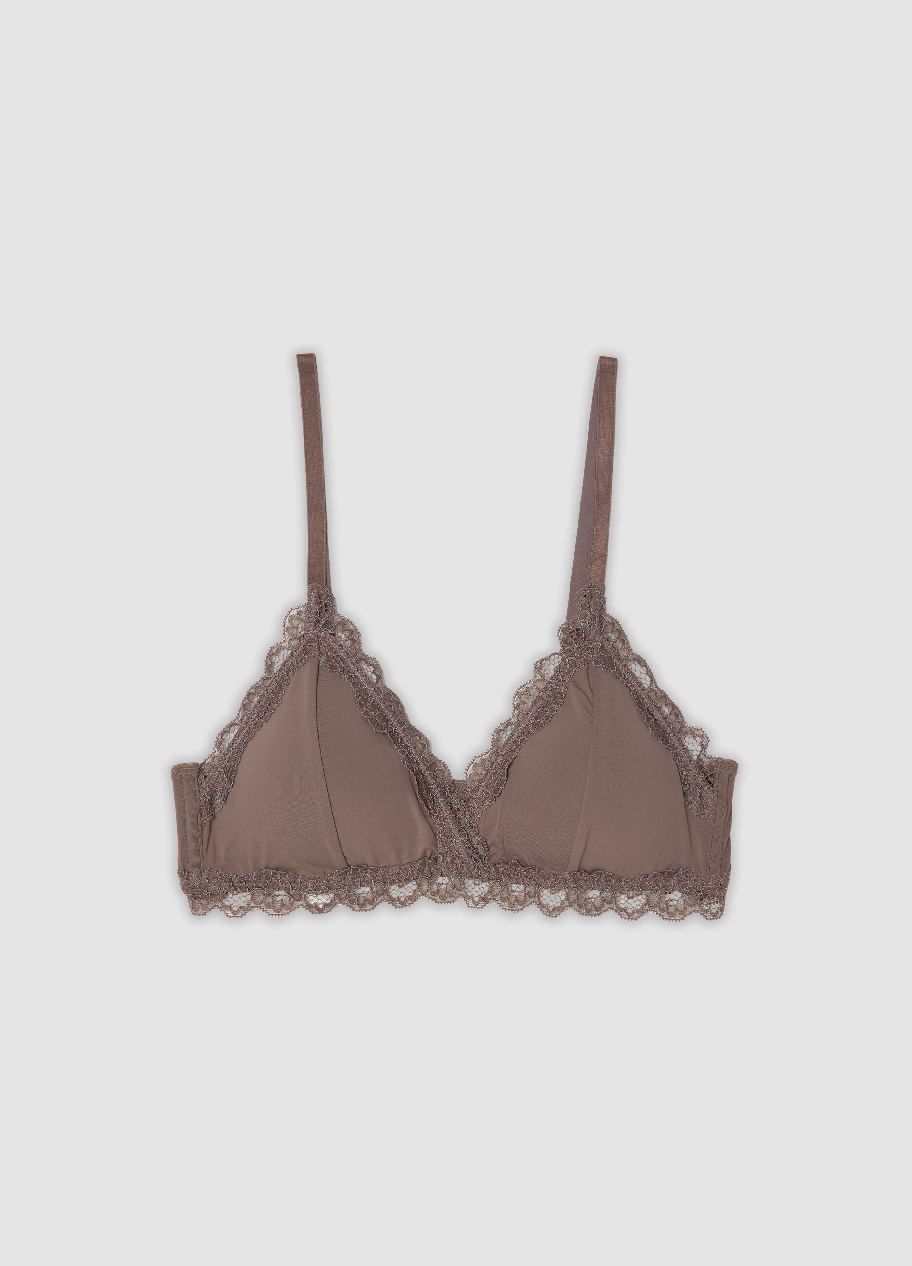 Grey microfibre triangle bra with stretch and lace trim