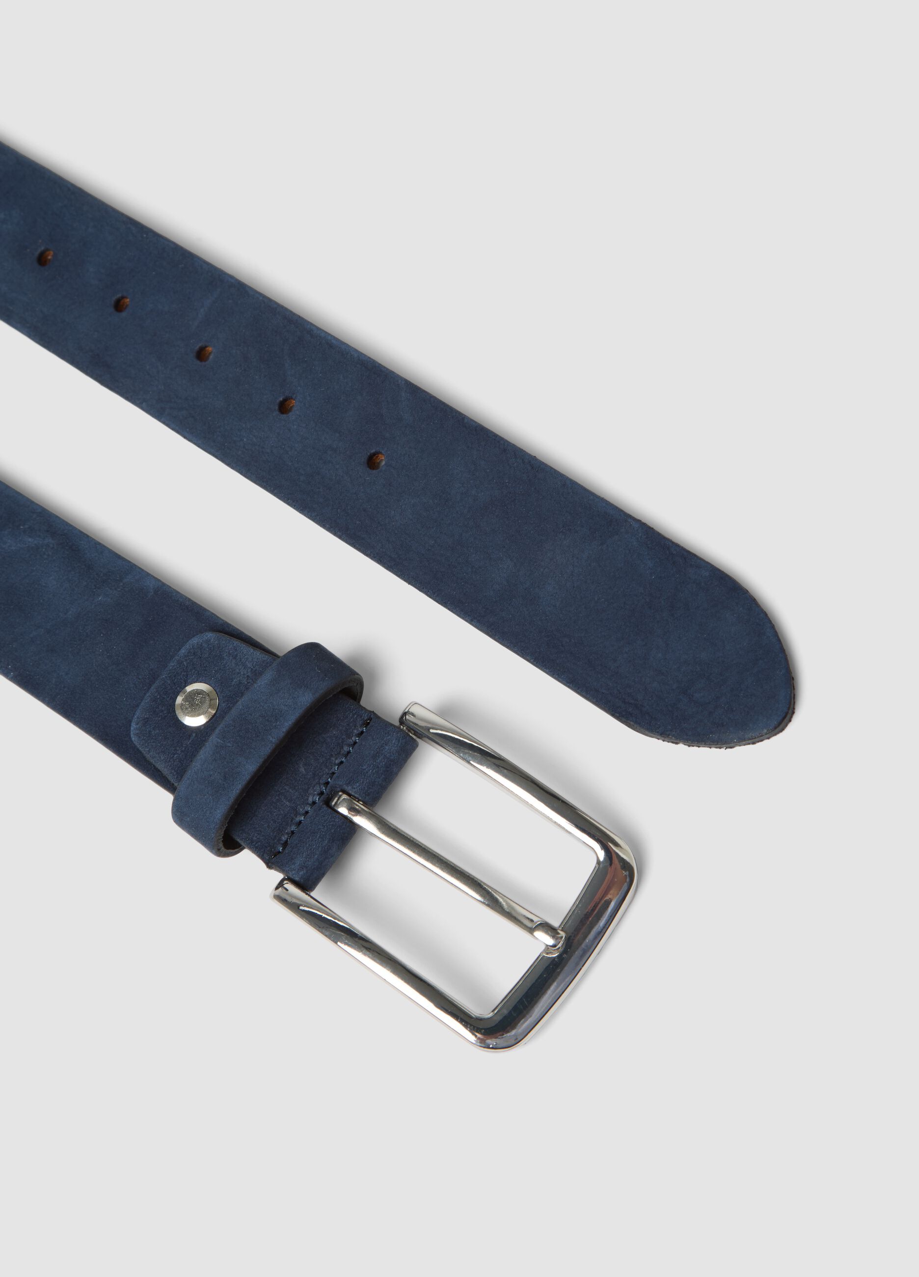 Blue genuine leather belt with metal buckle