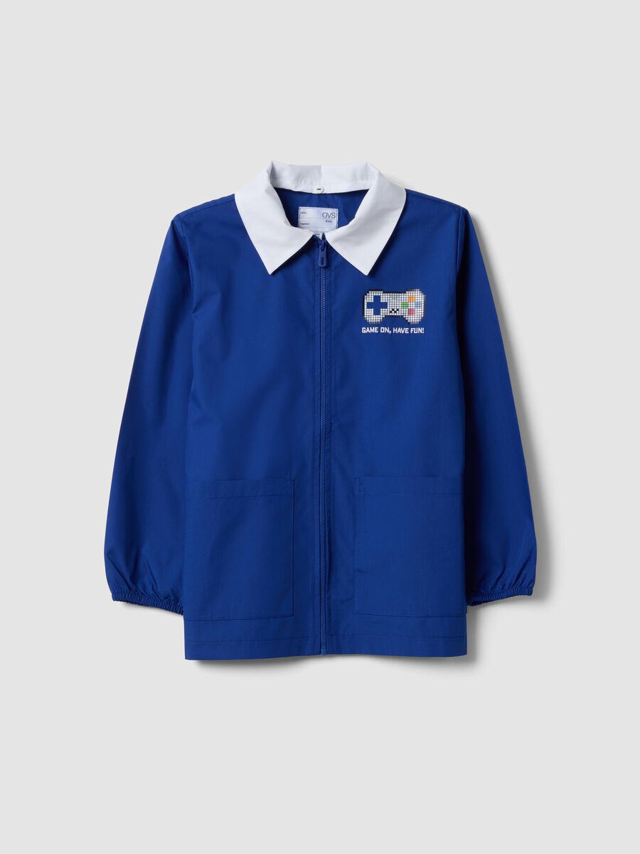 Customisable blue school apron with gaming print for boys_0