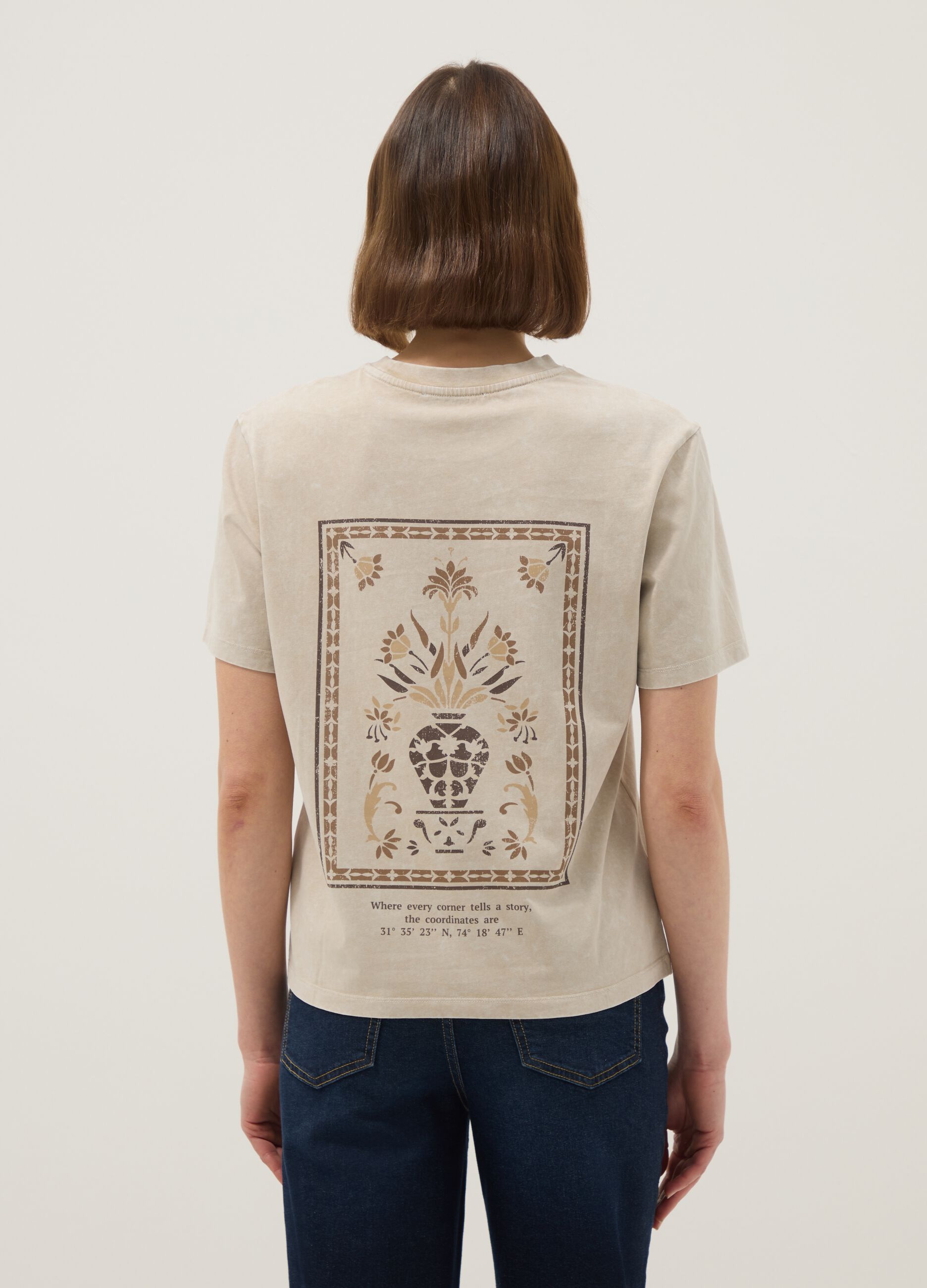 Beige pure cotton short-sleeve T-shirt, regular fit, with print