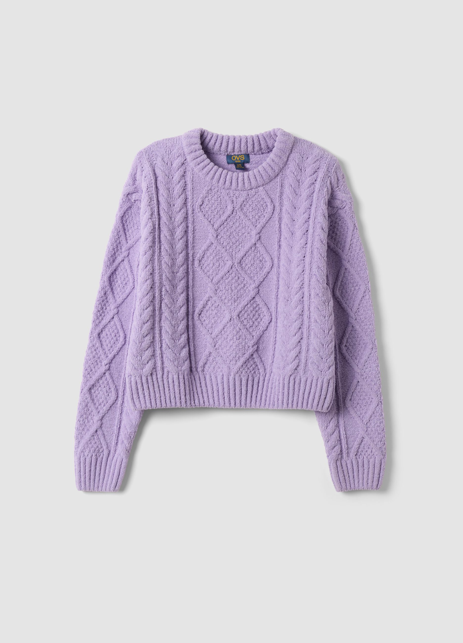 Purple and pink cable-knit crew neck jumper