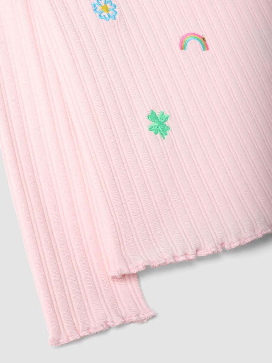 Pink stretch cotton high-neck T-shirt with decorative embroidery_3