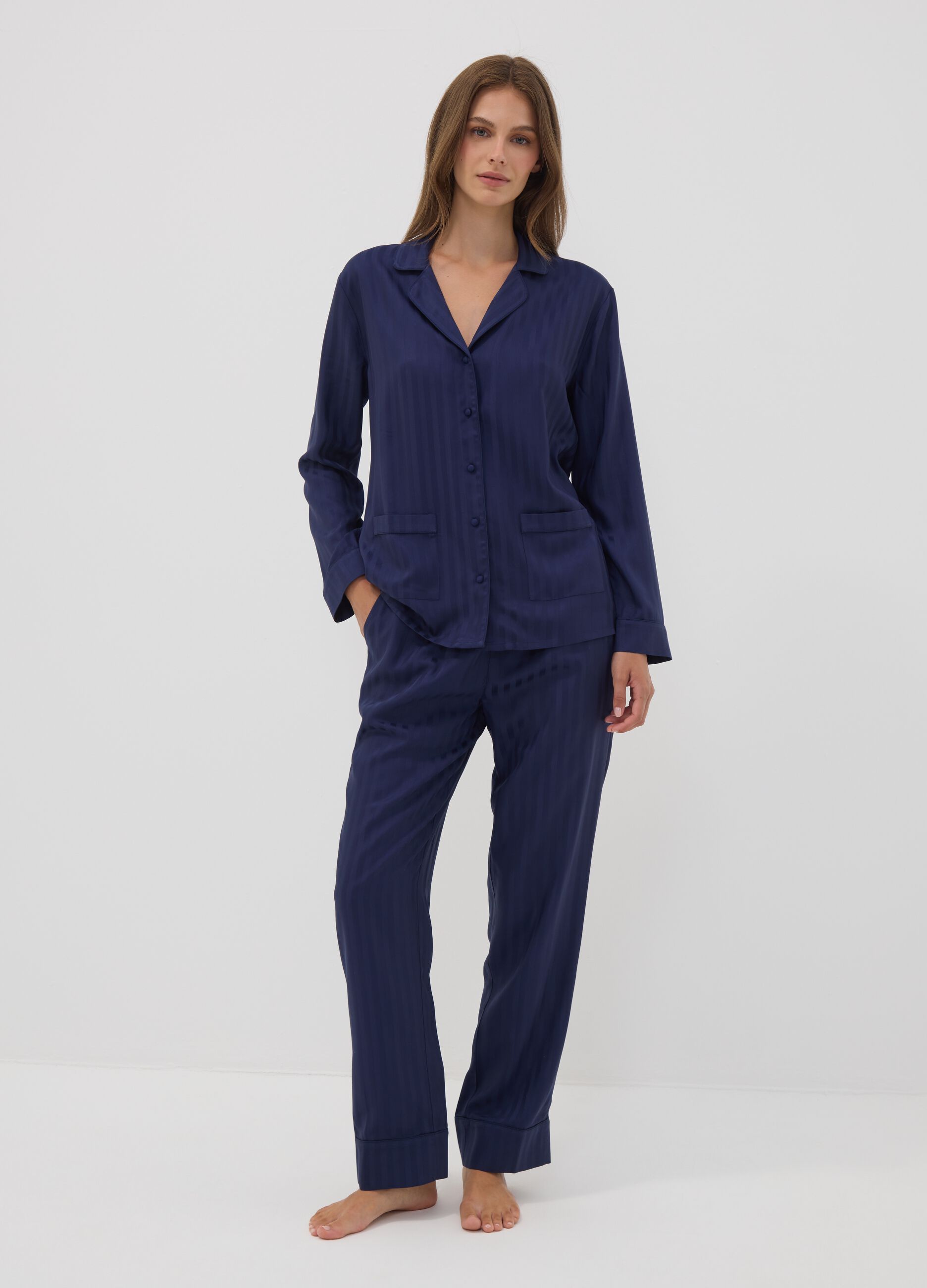 Blue pure viscose pyjama set with V-neck