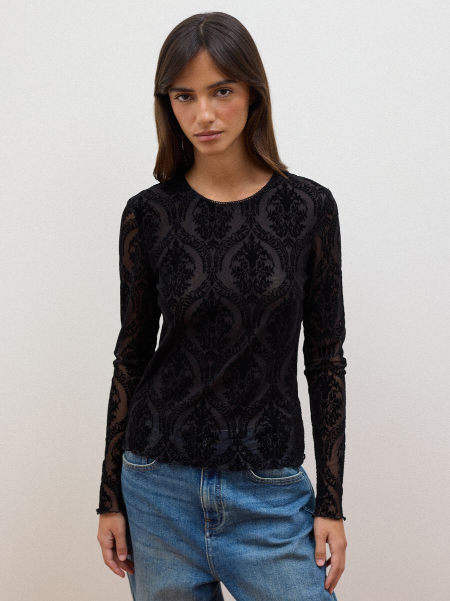 Black regular-fit T-shirt in sheer stretch fabric with pattern_0