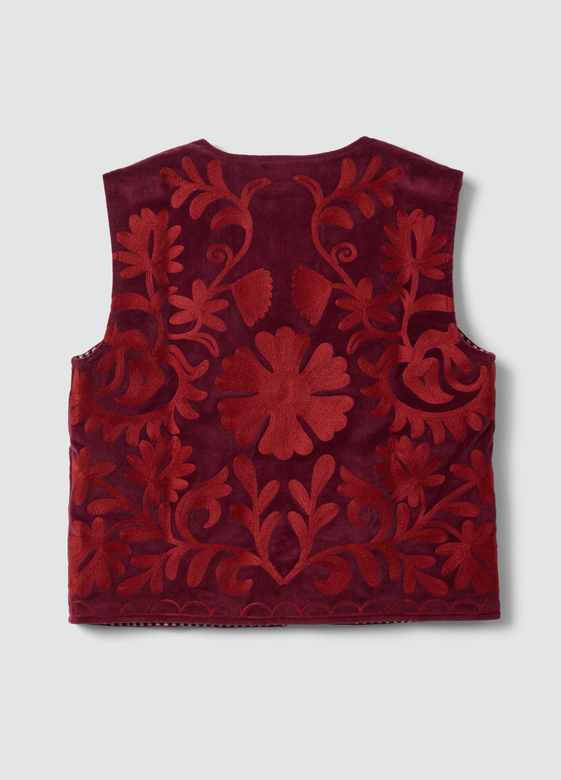 Gilet rosso in puro cotone con ricami floreali
