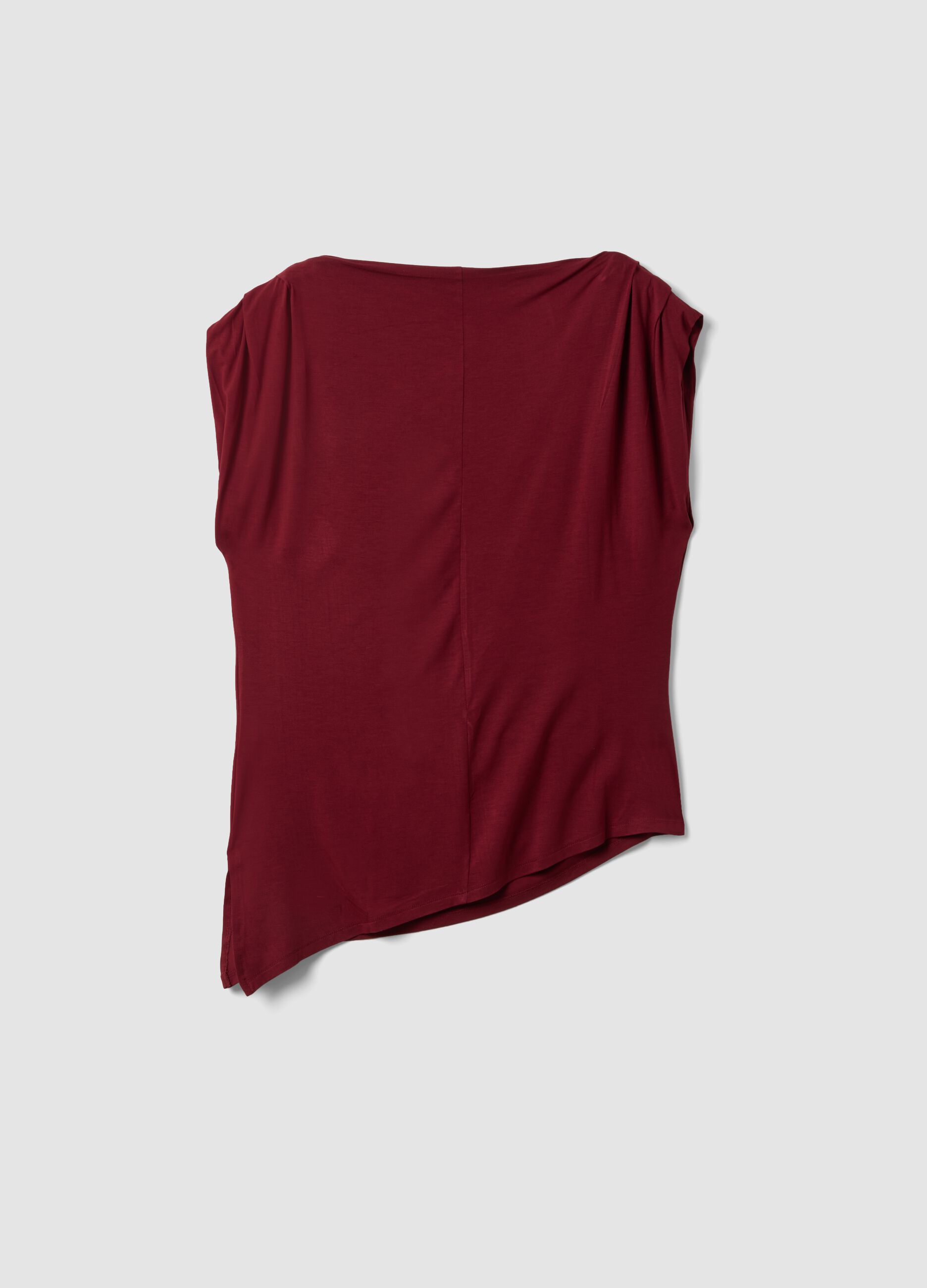 Red stretch viscose T-shirt with draped neckline