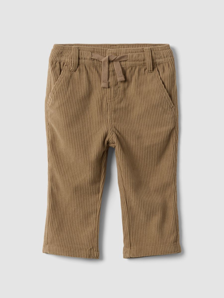 Beige regular-fit chino trousers with elasticated ribbed waistband_0