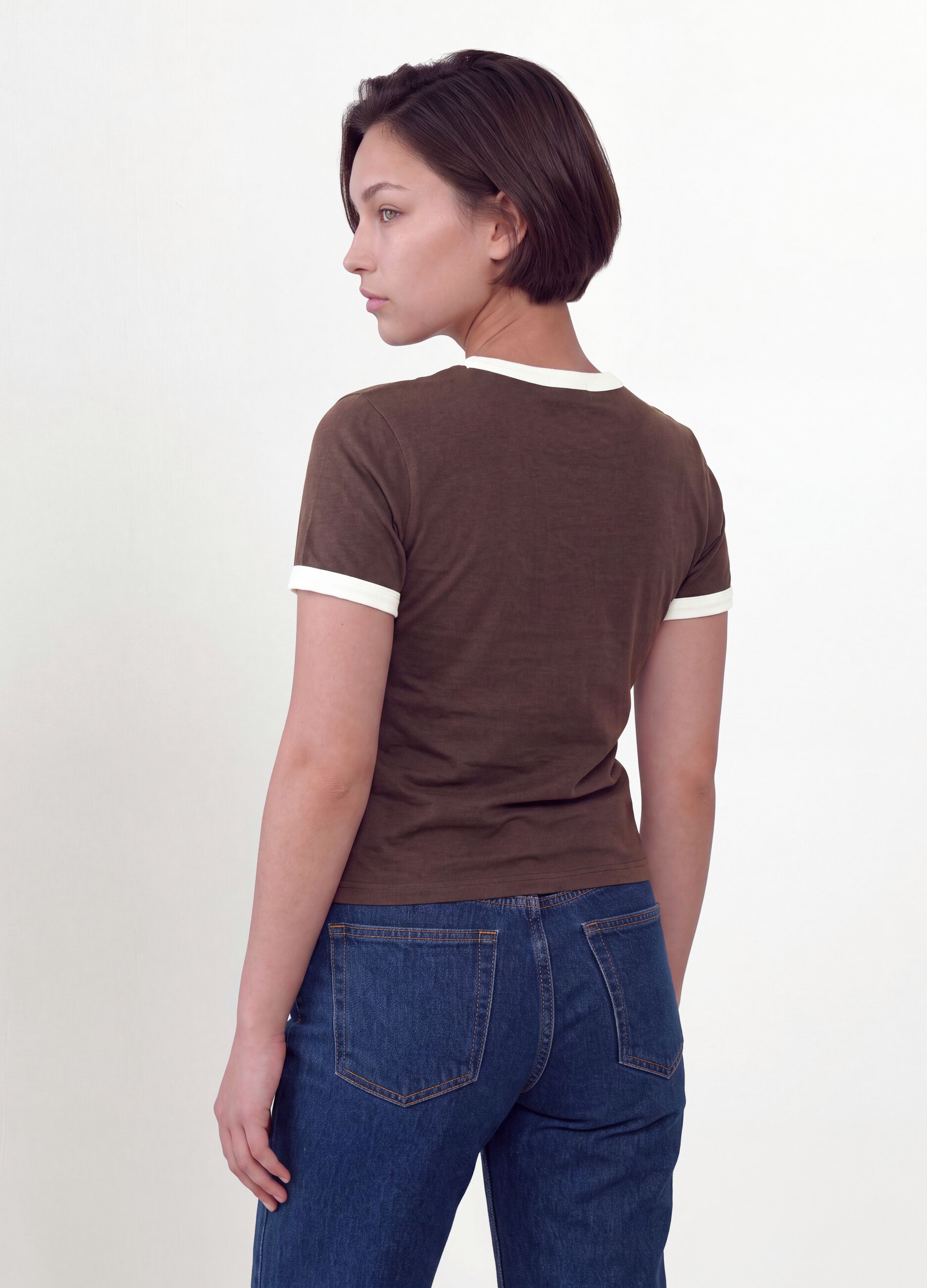 Brown pure cotton T-shirt with buttons, regular fit