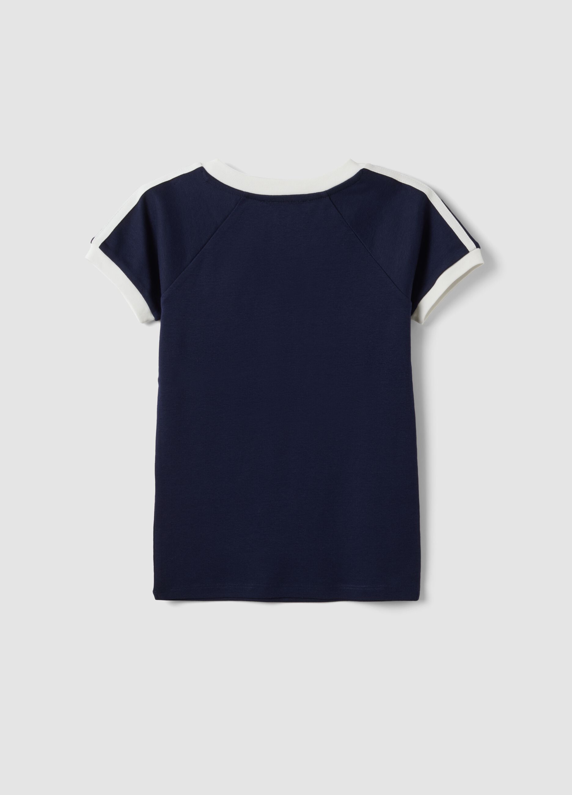 T-shirt blu in puro cotone con scollo a V e stampa frontale