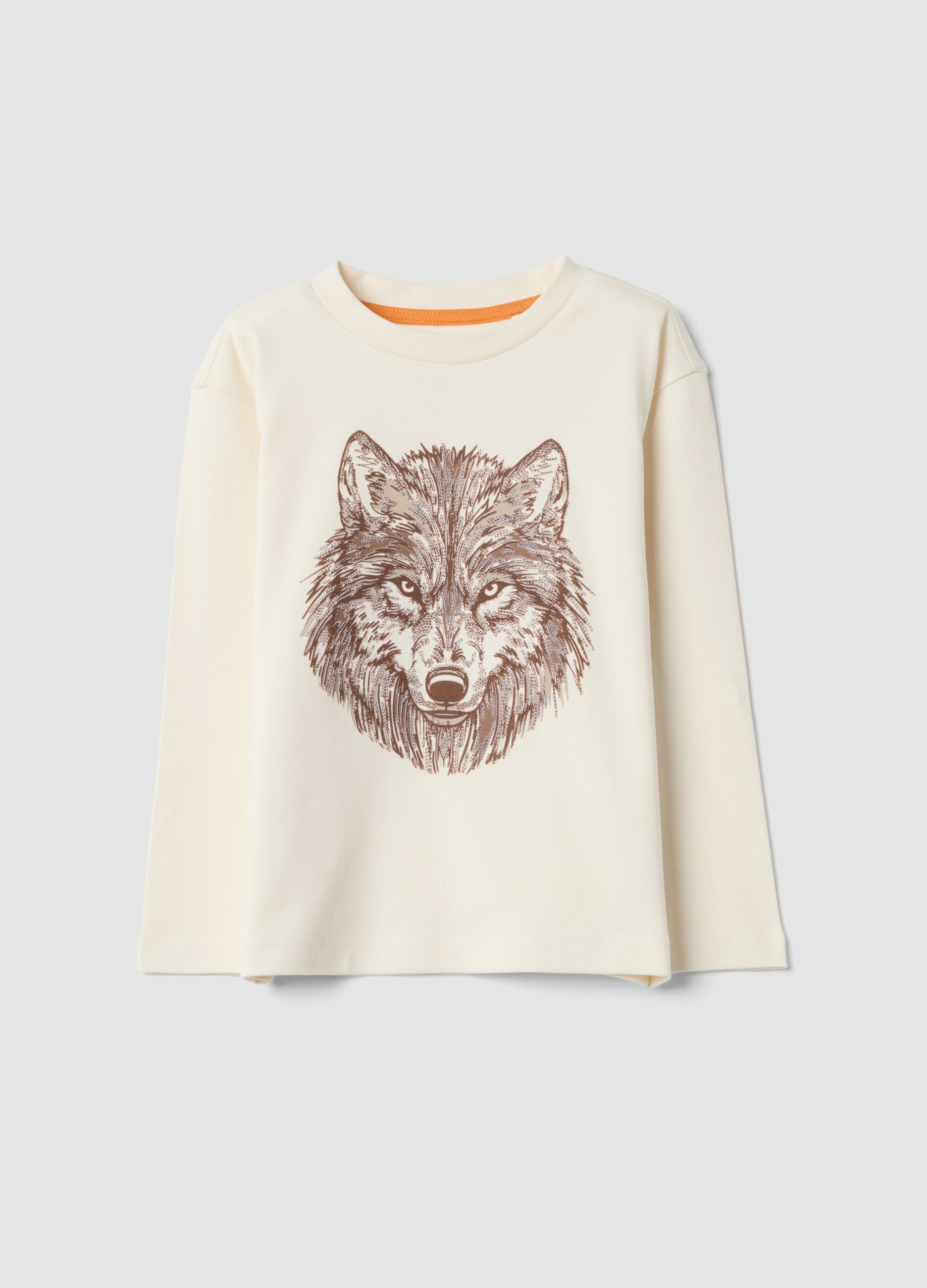T-shirt bianca in puro cotone con girocollo e stampa lupo over fit
