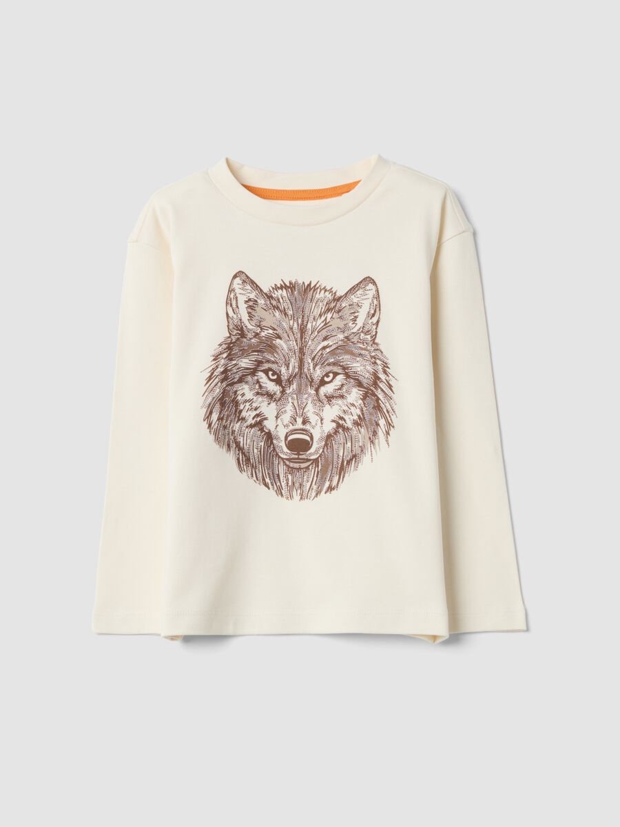 White pure cotton crew-neck T-shirt with wolf print, oversized fit_0