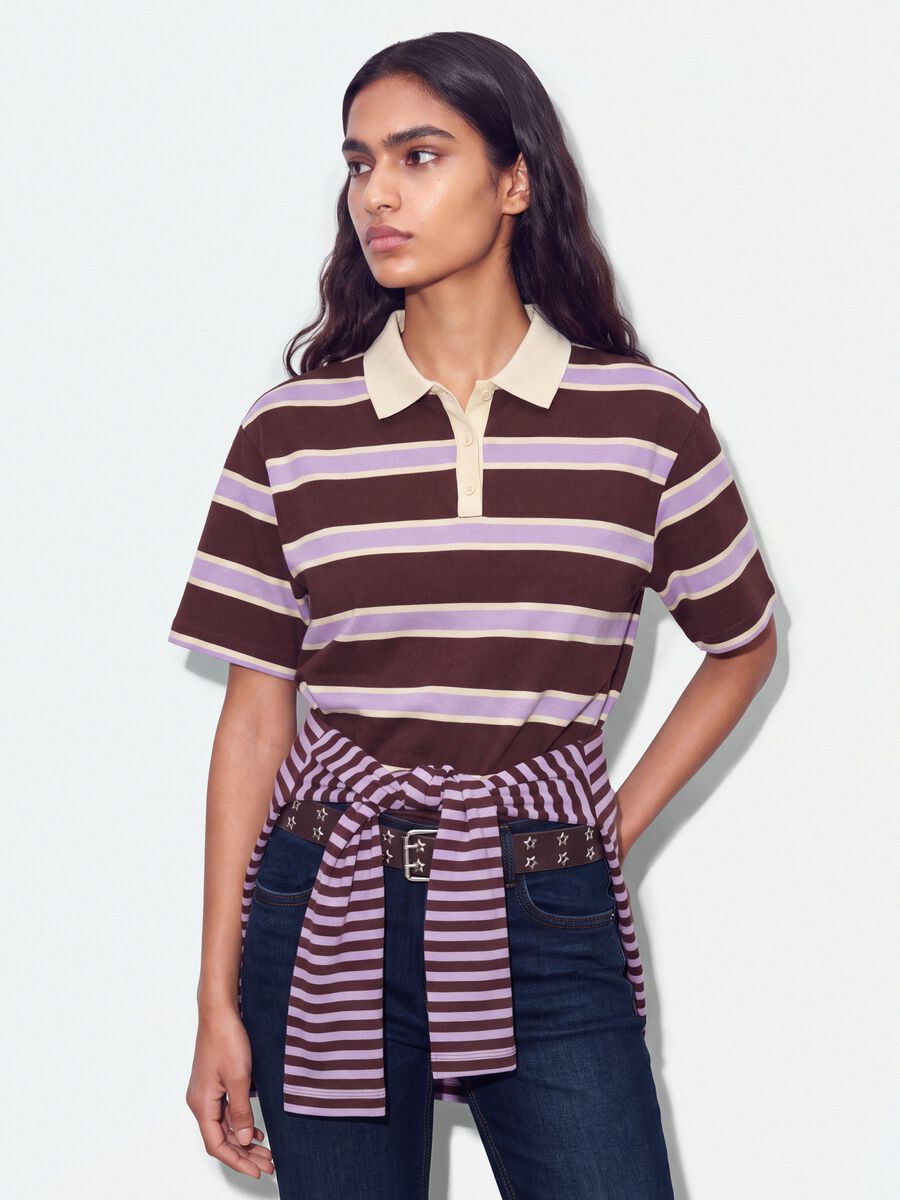 Brown pure cotton oversized striped polo_0