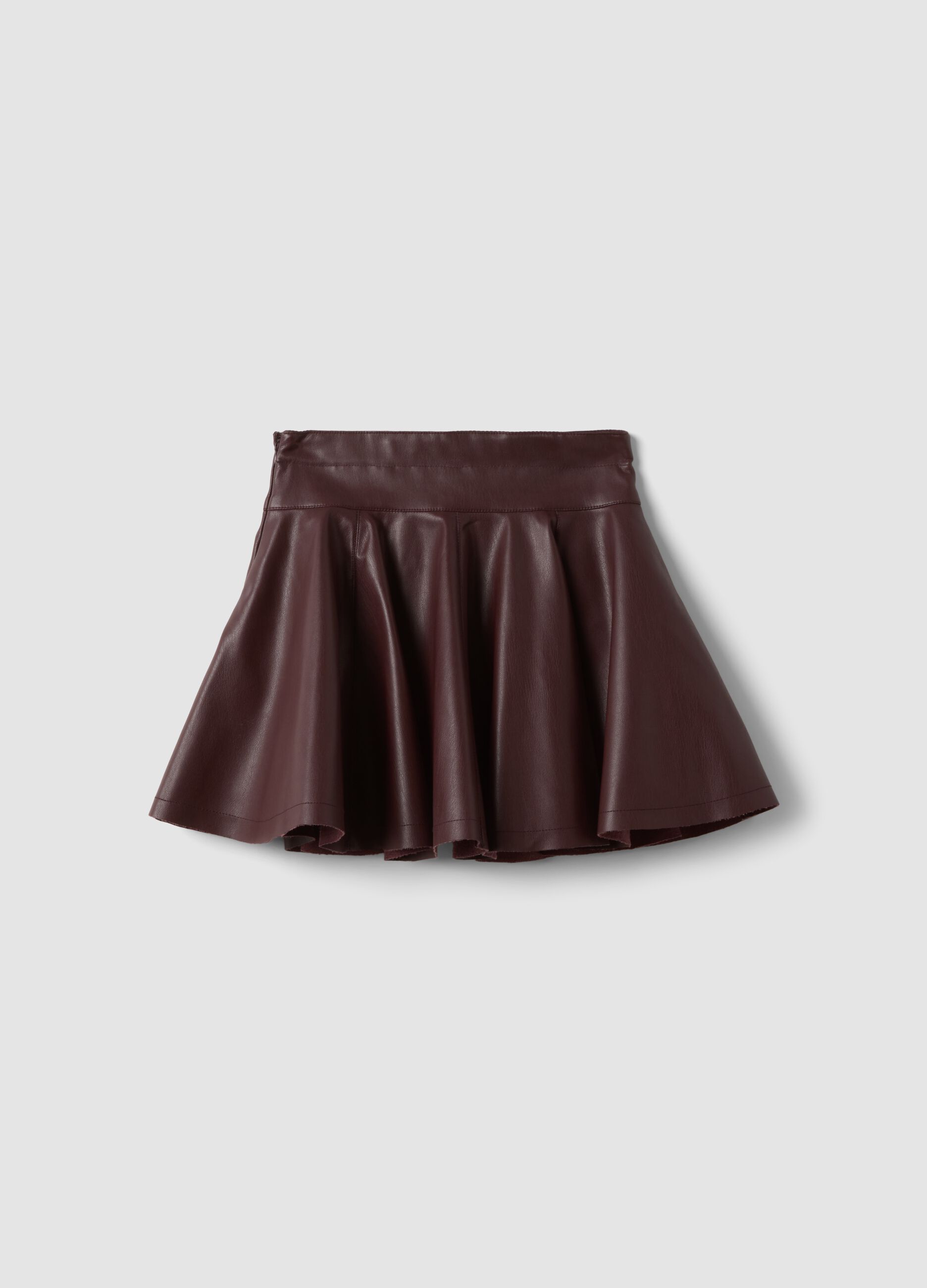 Brown circle skirt with coated-effect finish