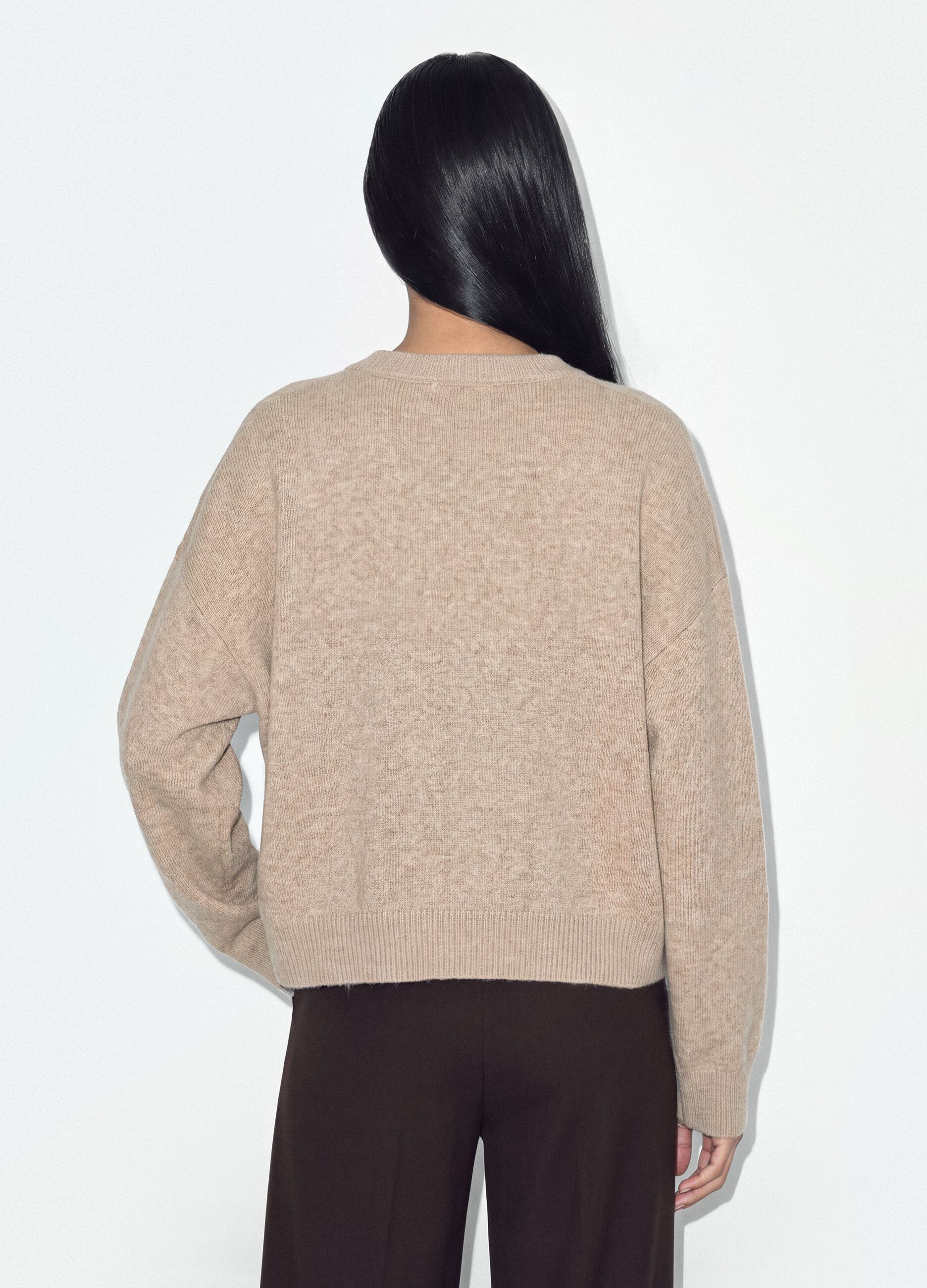 Beige stretch-fabric crew-neck cardigan with oversized fit