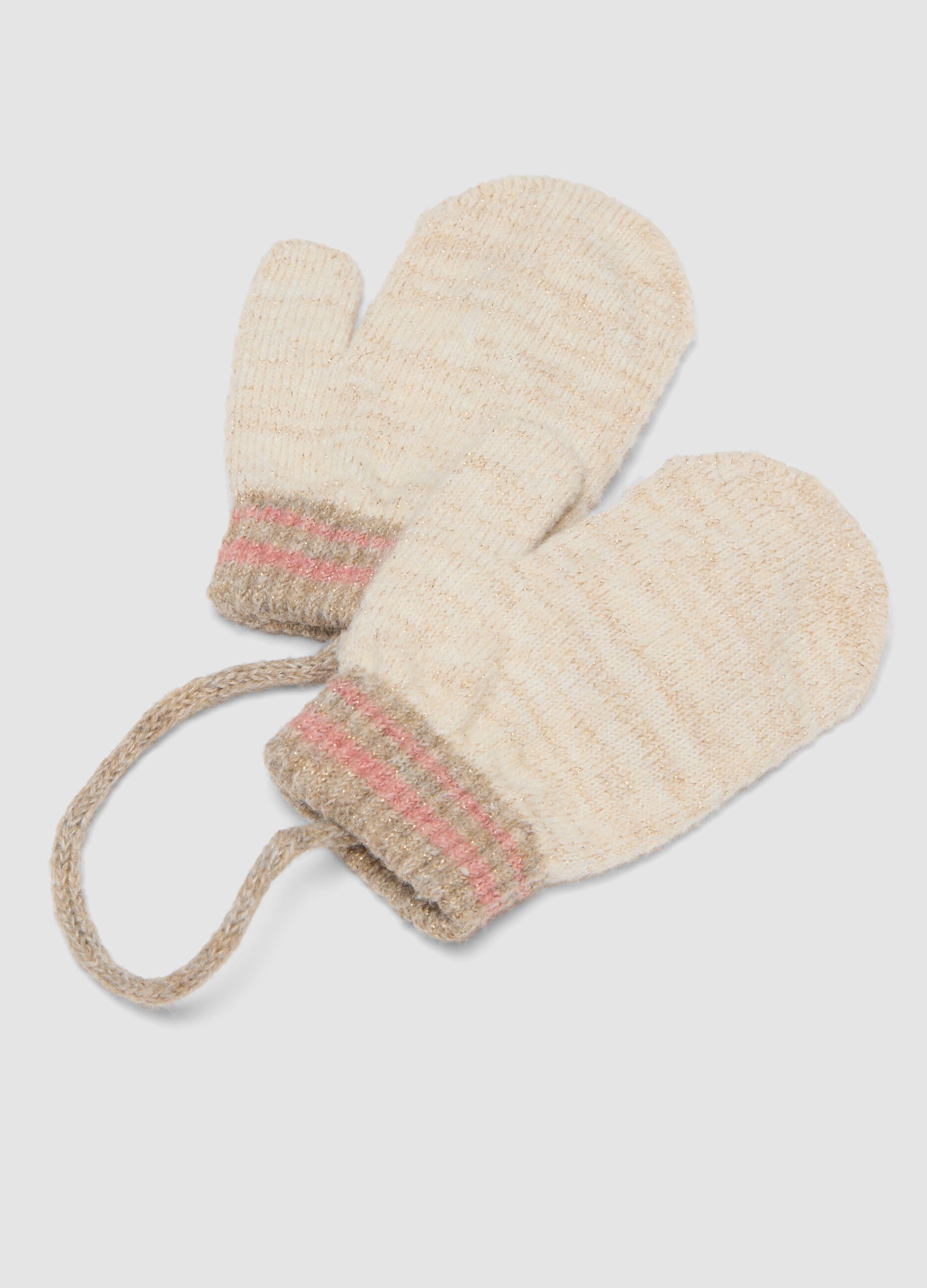 Set cappello e muffole beige in tessuto elasticizzato