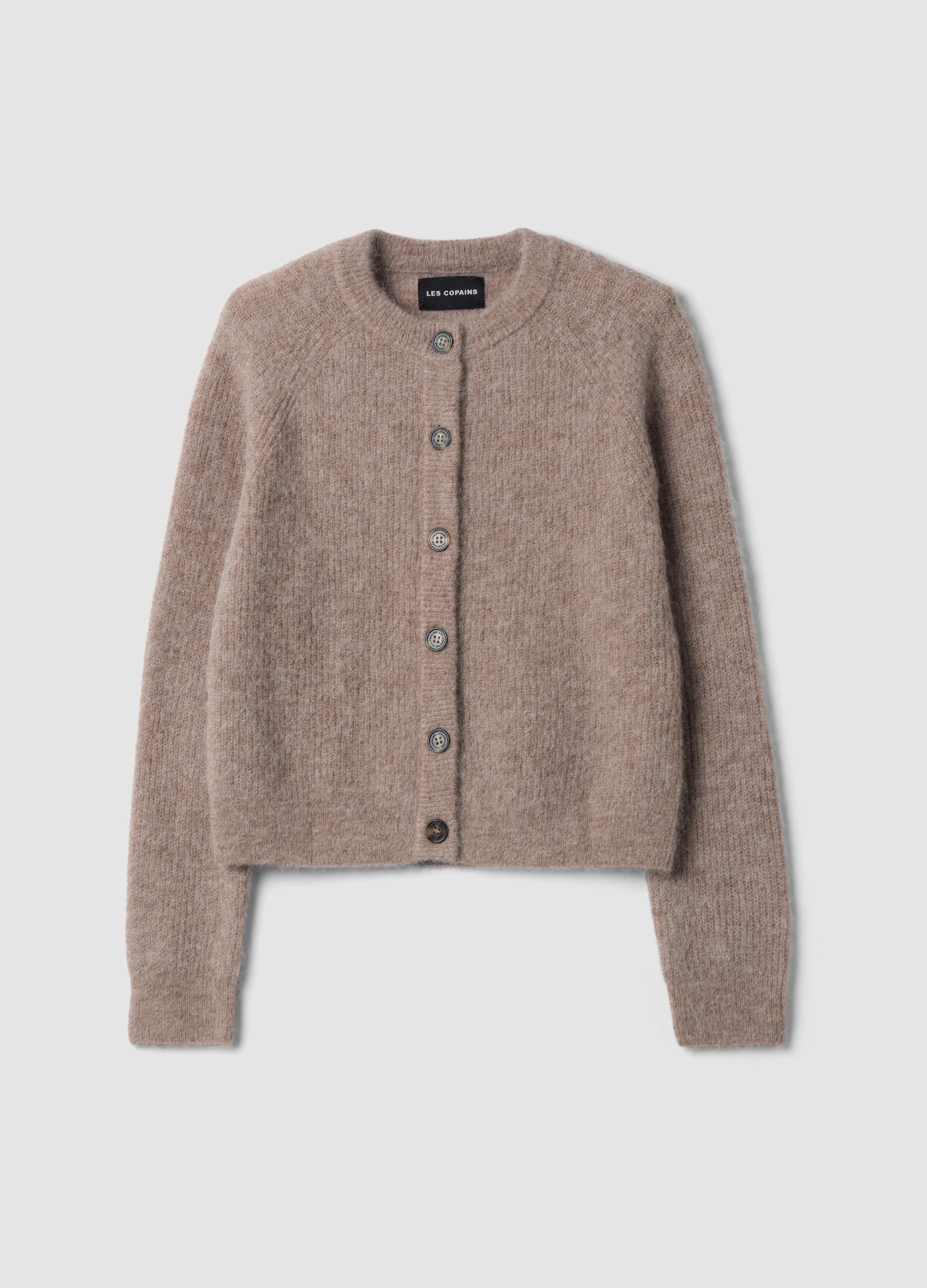 Cardigan beige in alpaca e lana elasticizzata girocollo