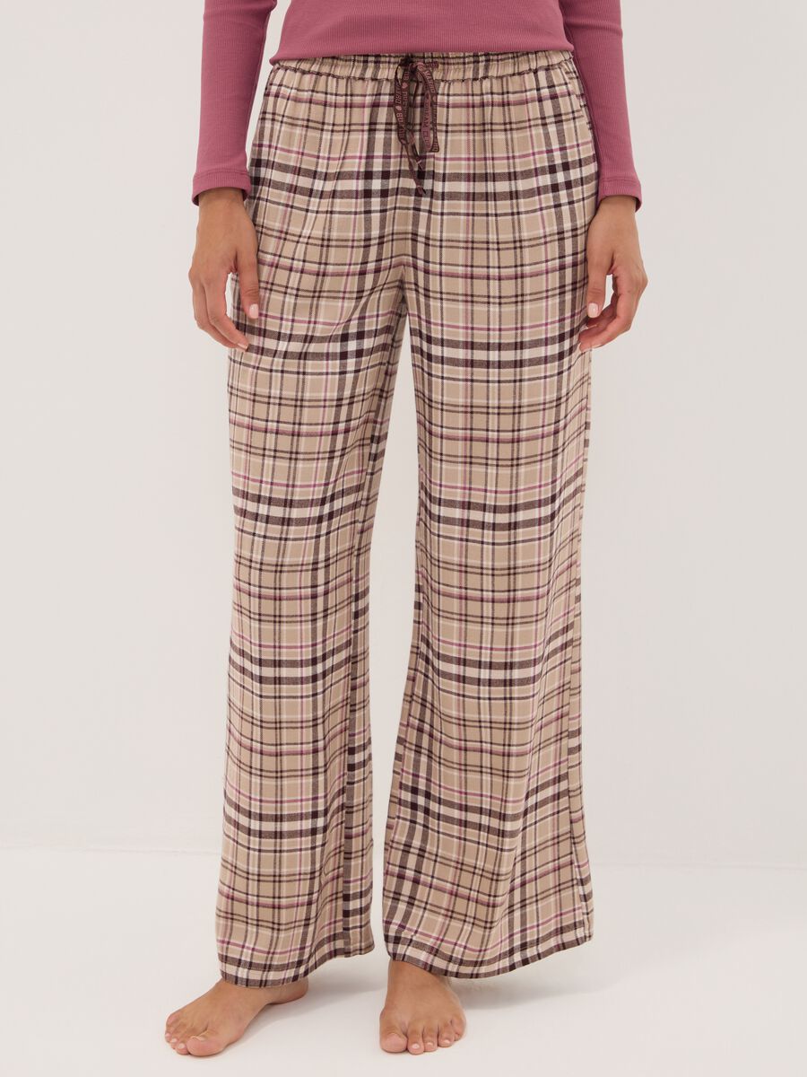 Beige pure viscose checked pyjama trousers_1