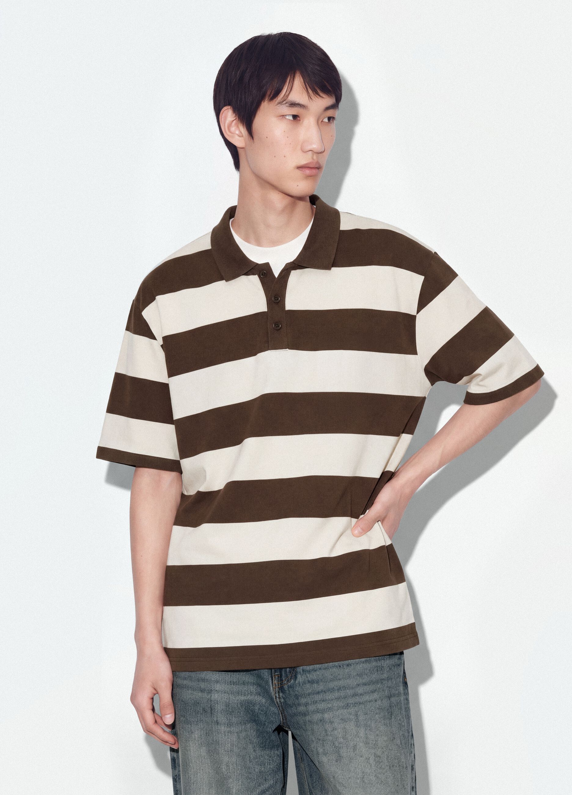 Polo marrone in puro cotone a righe regular fit