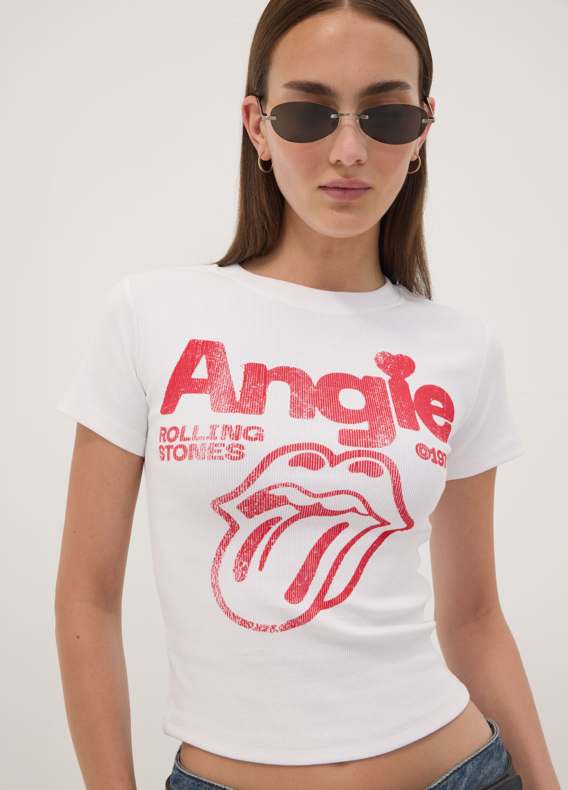 White stretch cotton T-shirt with Rolling Stones print