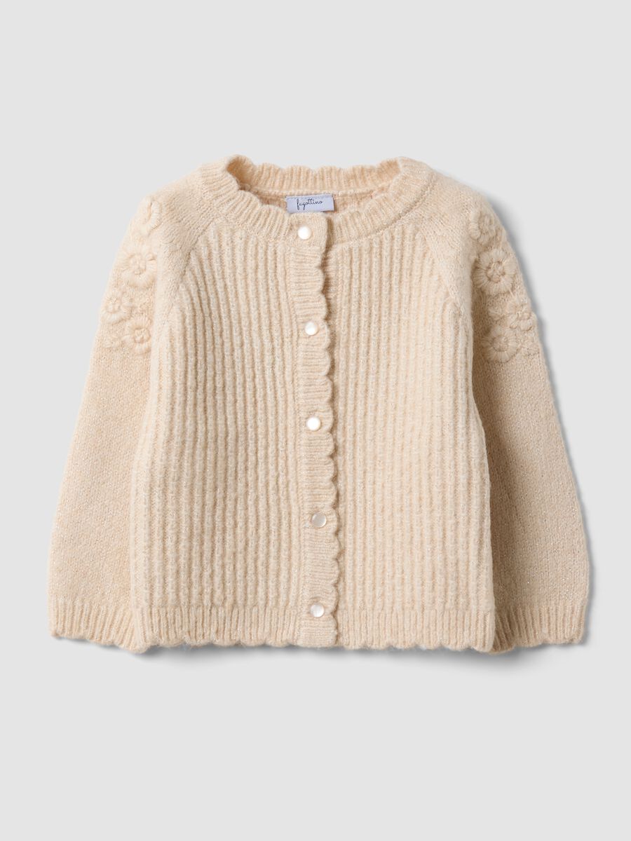 Beige knit crew-neck cardigan_0