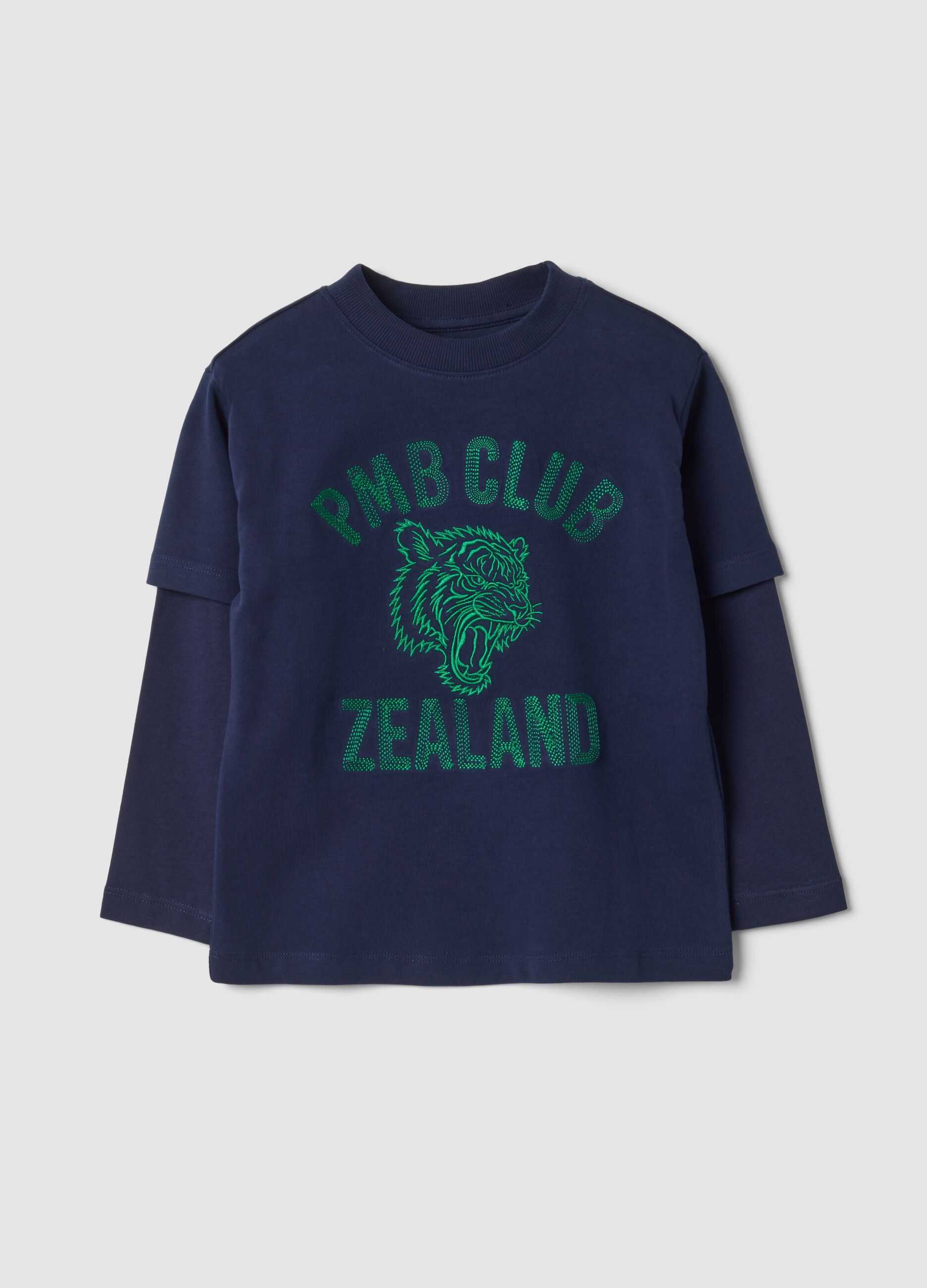 T-shirt blu notte in puro cotone a doppie maniche con stampa regular fit