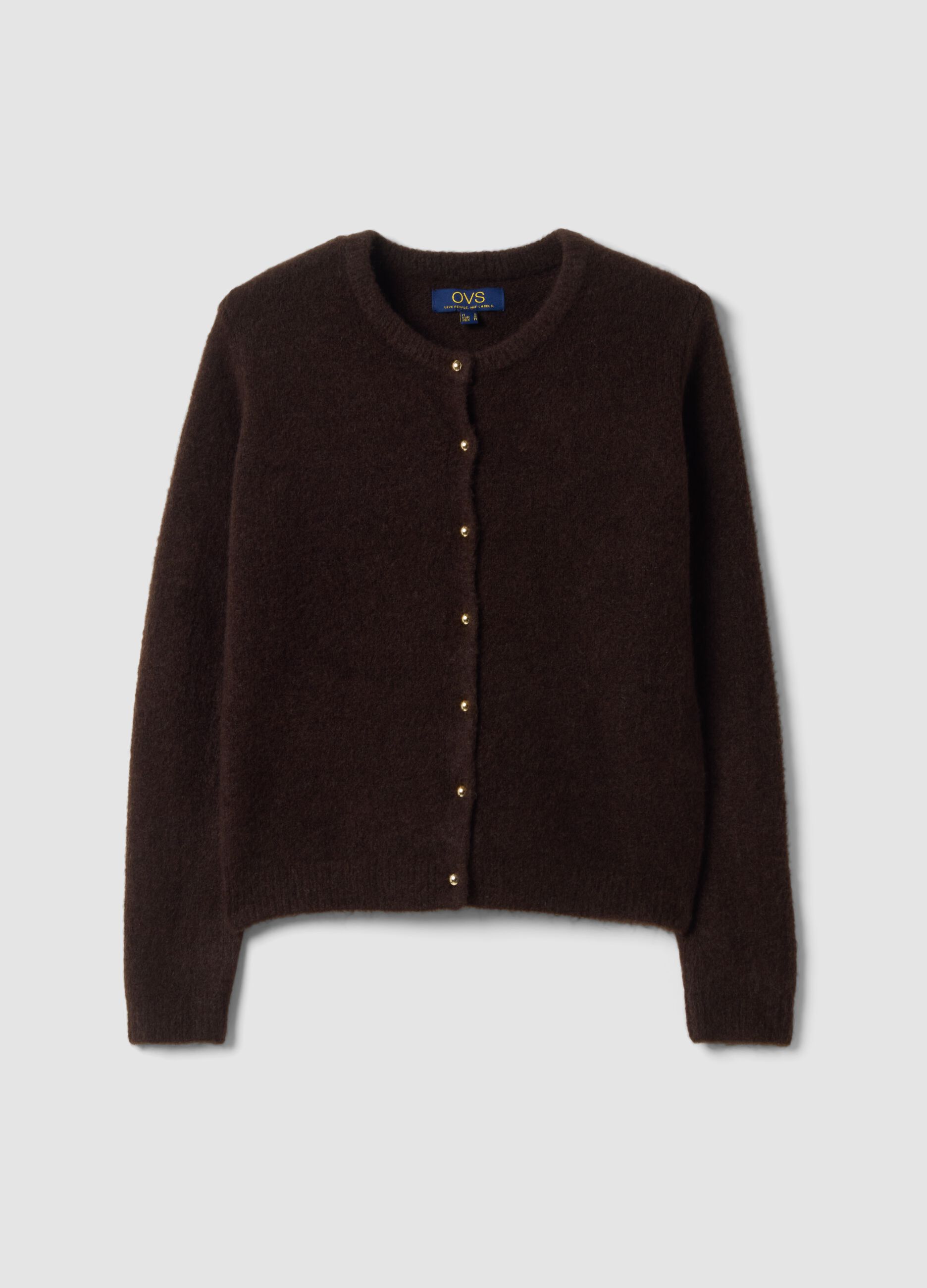 Brown stretch wool crew-neck cardigan, regular fit