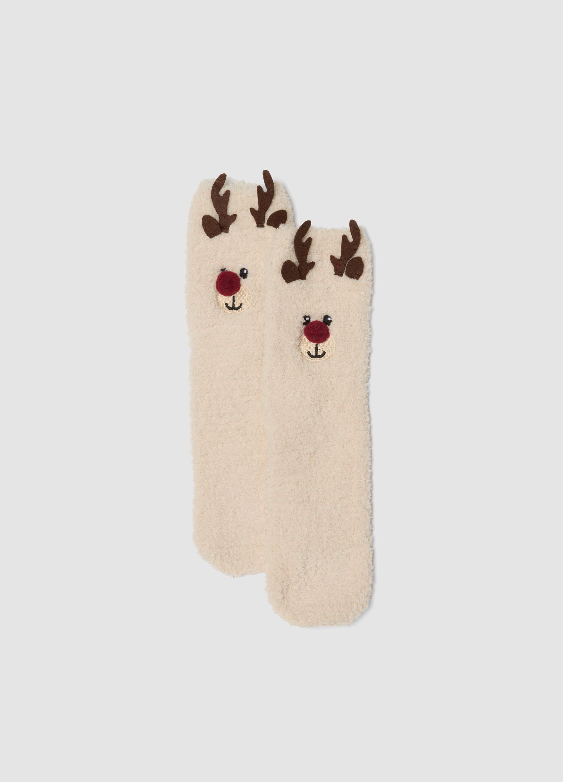 Beige stretch-fabric socks with reindeer motif