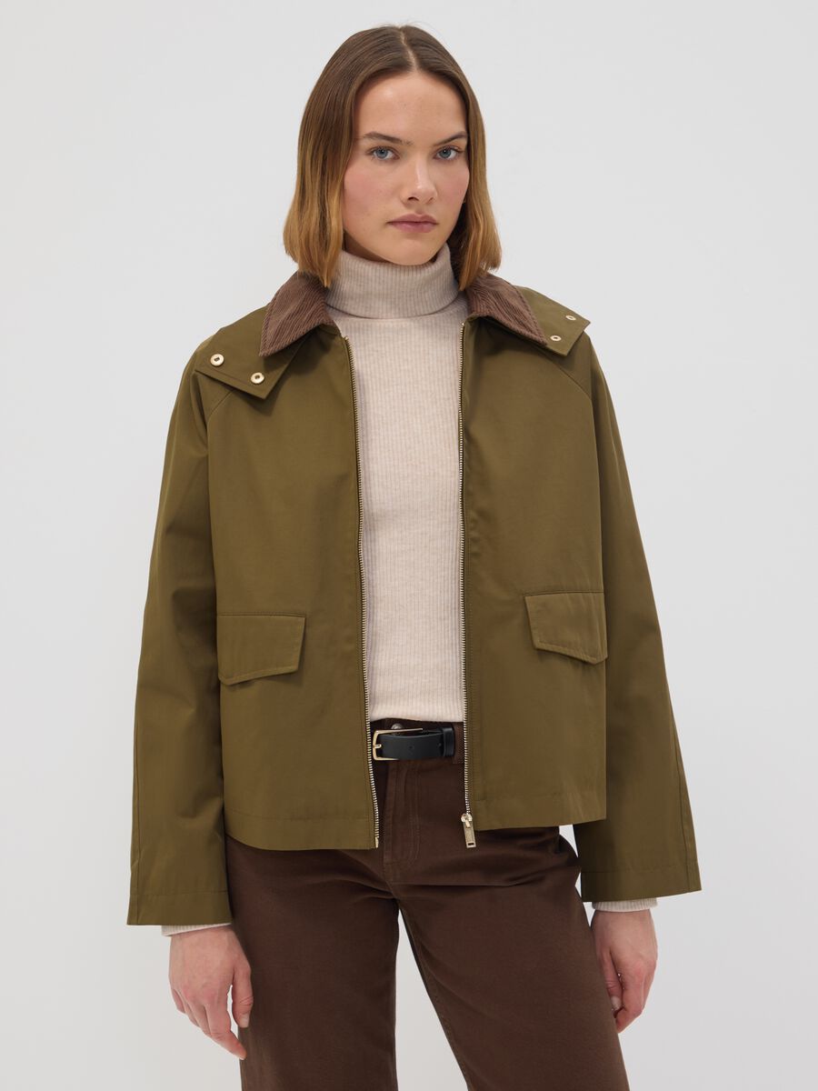 Green cotton-blend parka jacket with hood and ribbed collar_0