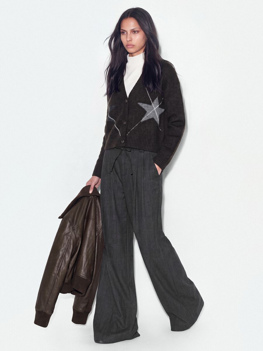 Brown stretch wool cardigan with deep V-neck, oversized fit_1