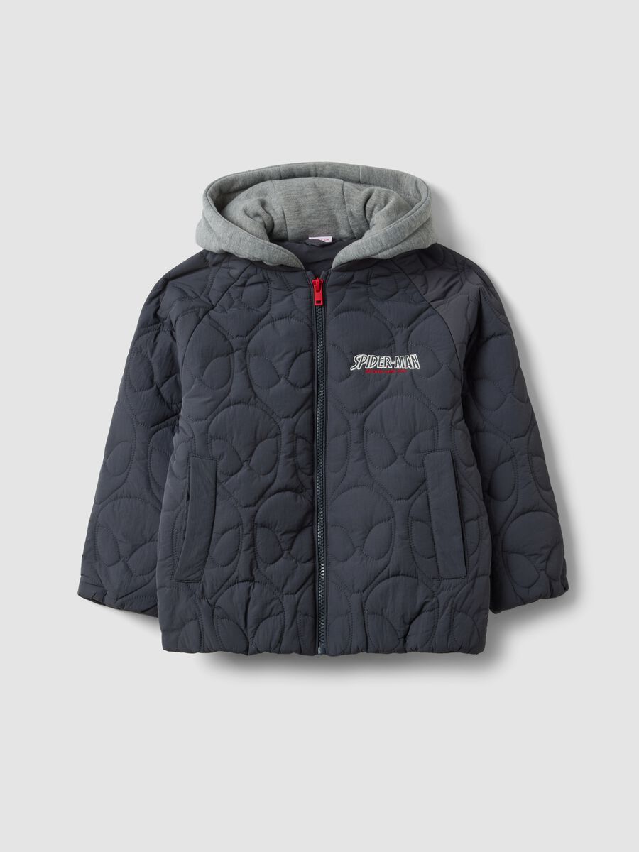 Grey quilted hooded jacket with MARVEL Spider-Man embroidery for boys_0