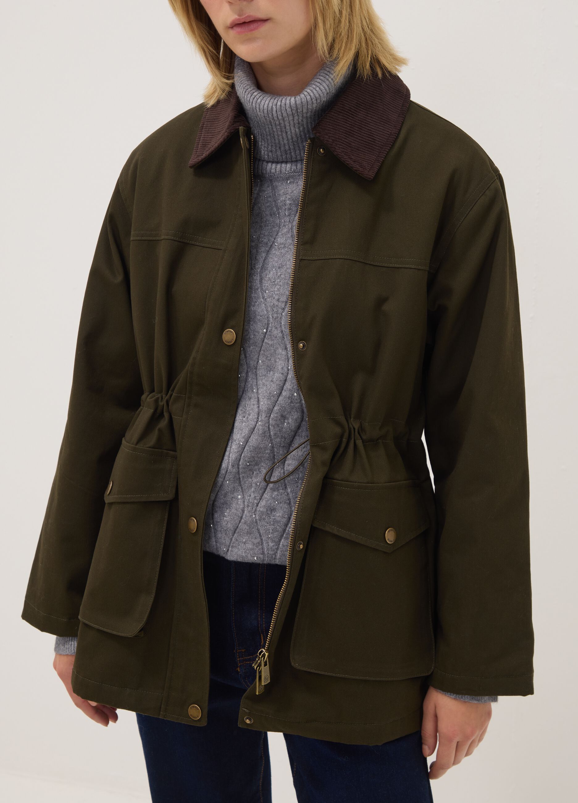 Green pure-cotton jacket with contrast collar