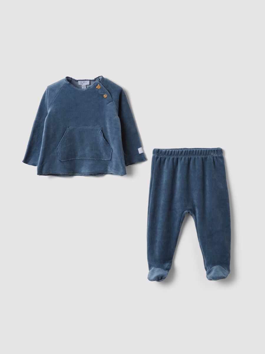 Blue cotton-blend velour set with shoulder buttons, regular fit_0