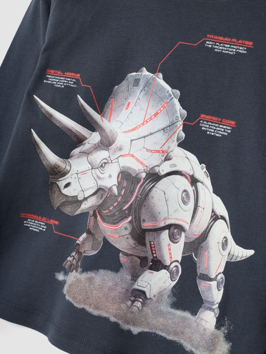 Grey crew-neck T-shirt in 100% organic cotton with dinosaur print_2