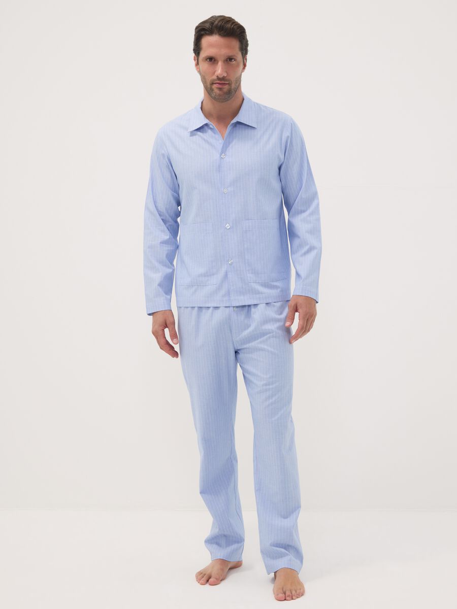 Blue striped pyjamas in pure organic cotton with collar_0
