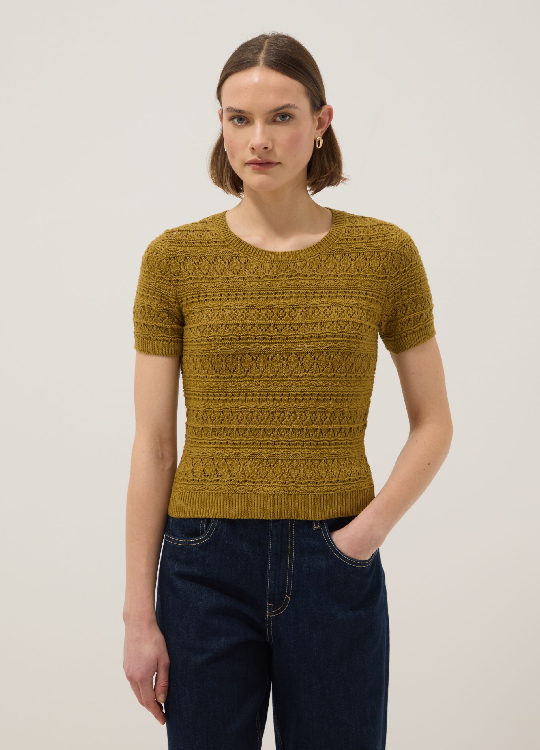 Yellow pure cotton regular fit knitted shirt