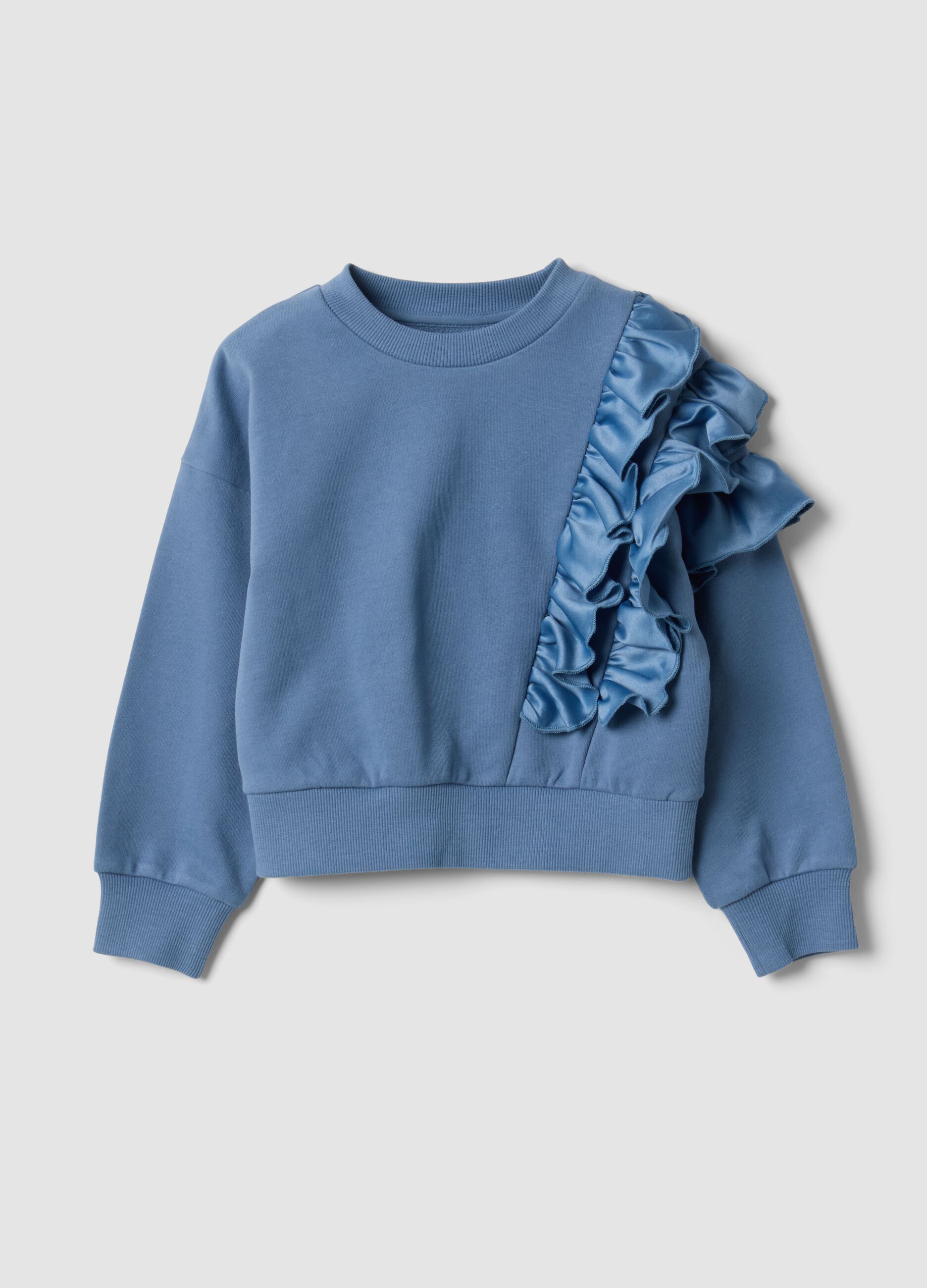 Blue pure cotton sweatshirt with ruffles and crew neck