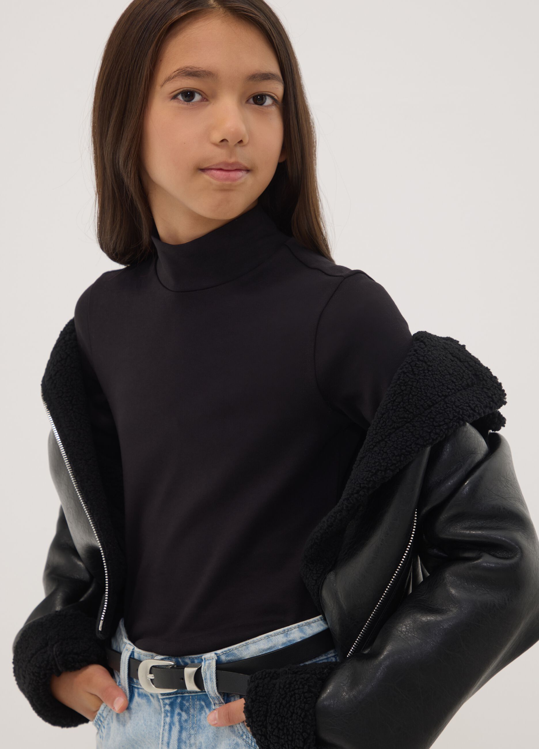 Black pure organic cotton top with high neck