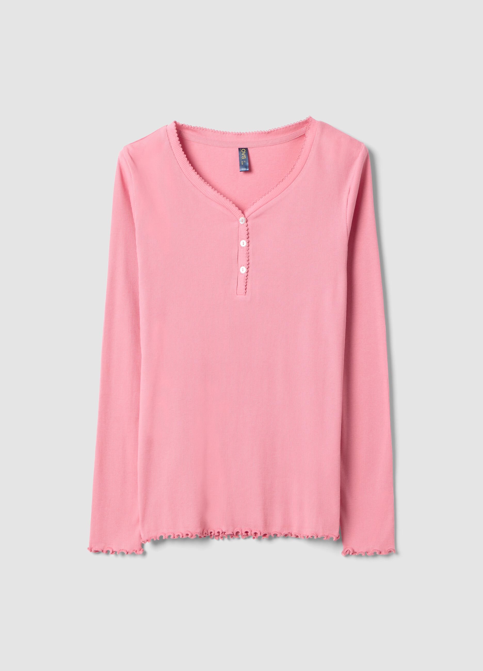 Pure cotton pink pyjama top with serafino neckline, regular fit